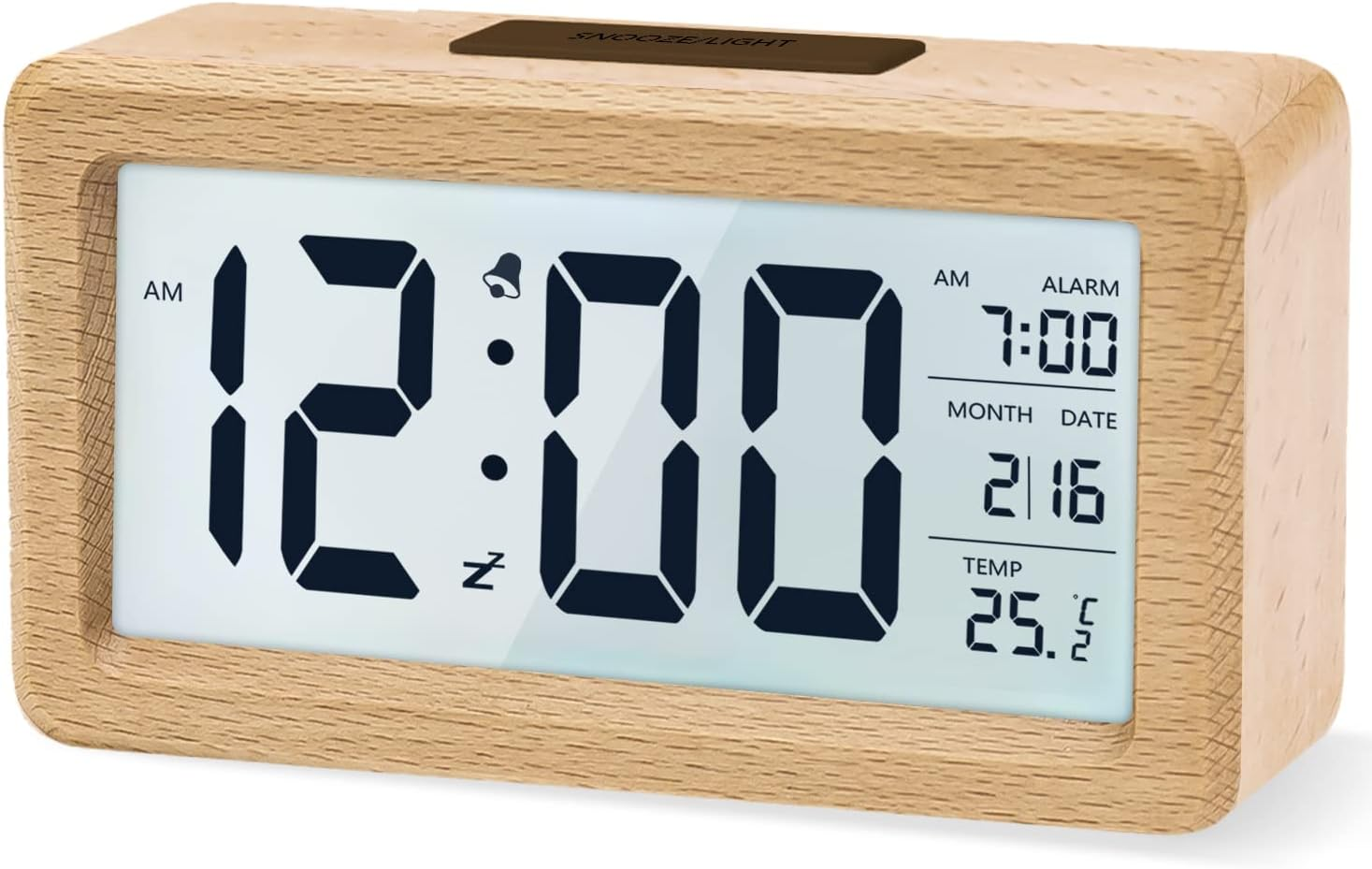 Aboveclock Digital Alarm Clock, Wooden Bedside Clock with Large LCD Backlit Display, Temperature, Snooze Function, Brightness Sensor, 3 AAA Battery Operated【Battery NOT Included】 image number 4