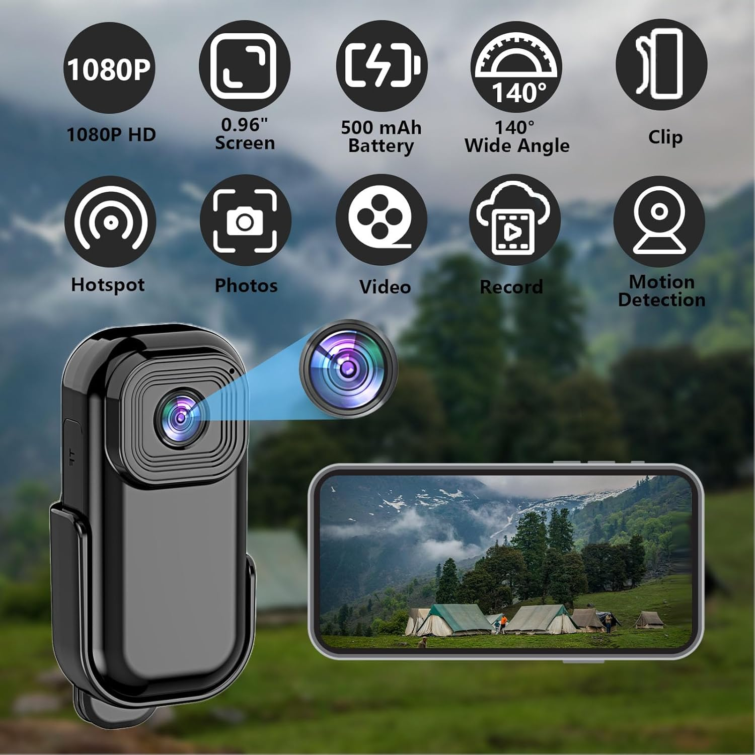 Mini Action Camera, 1080P Back Clip Video Camera with Color Screen, Magnetic Base, 2.4Ghz Wifi anti Shake Vlogging Camera with Loop Recording, 500Mah Battery, Supports up to 128G image number 4