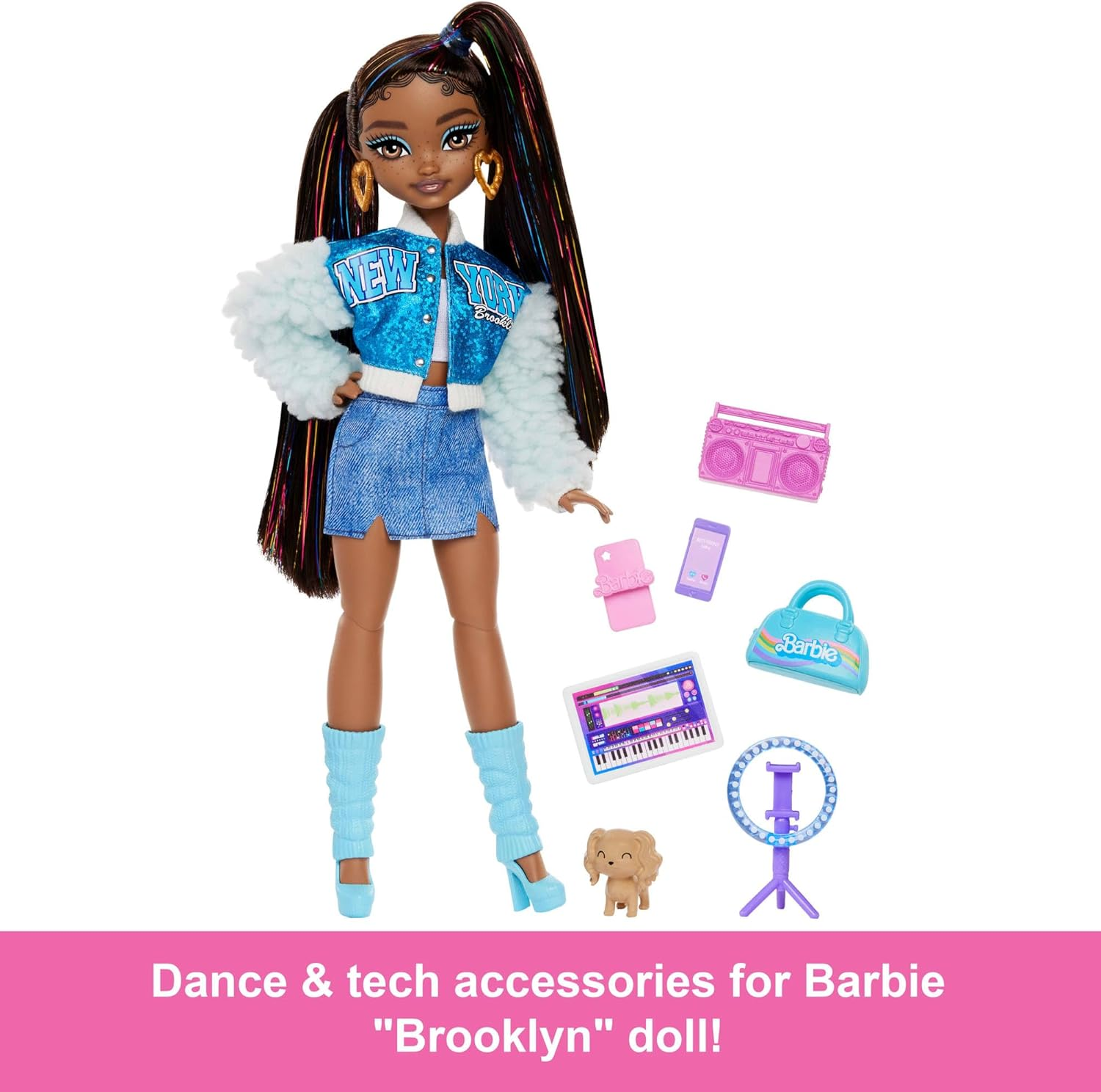 Barbie Dream Besties Playset, Barbie &ldquo;Brooklyn&rdquo; Posable Fashion Doll with Long Black Hair, 9 Music-Themed Accessories image number 5