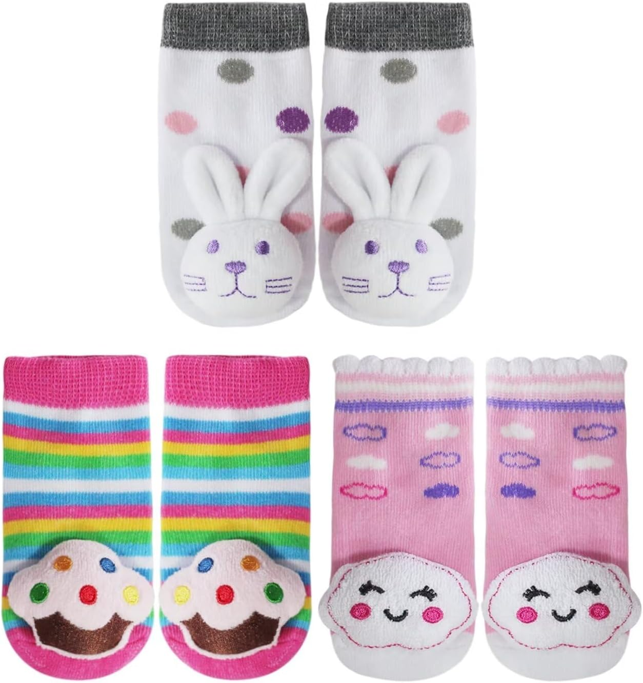 PUPPET Baby Girl Rattle Socks Set for 0-6 Months 3-Pack Cute Infant Socks with Plush Bunny Design