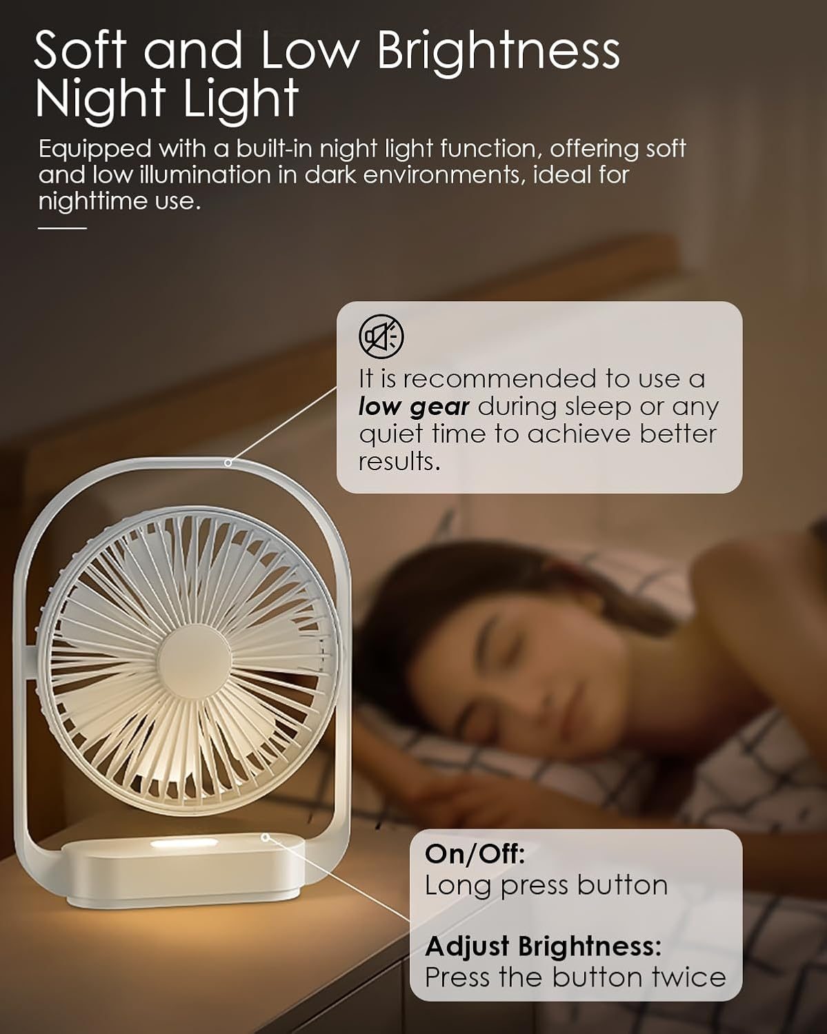 Acemining Fan, Silent Fans & Cooling, Rechargeable Fans, Desk Fan with 4 Speed, USB Fan with Night Light, 330&deg; Rotation Electric Fan, Small Table Fan for Bedroom Office Bedside