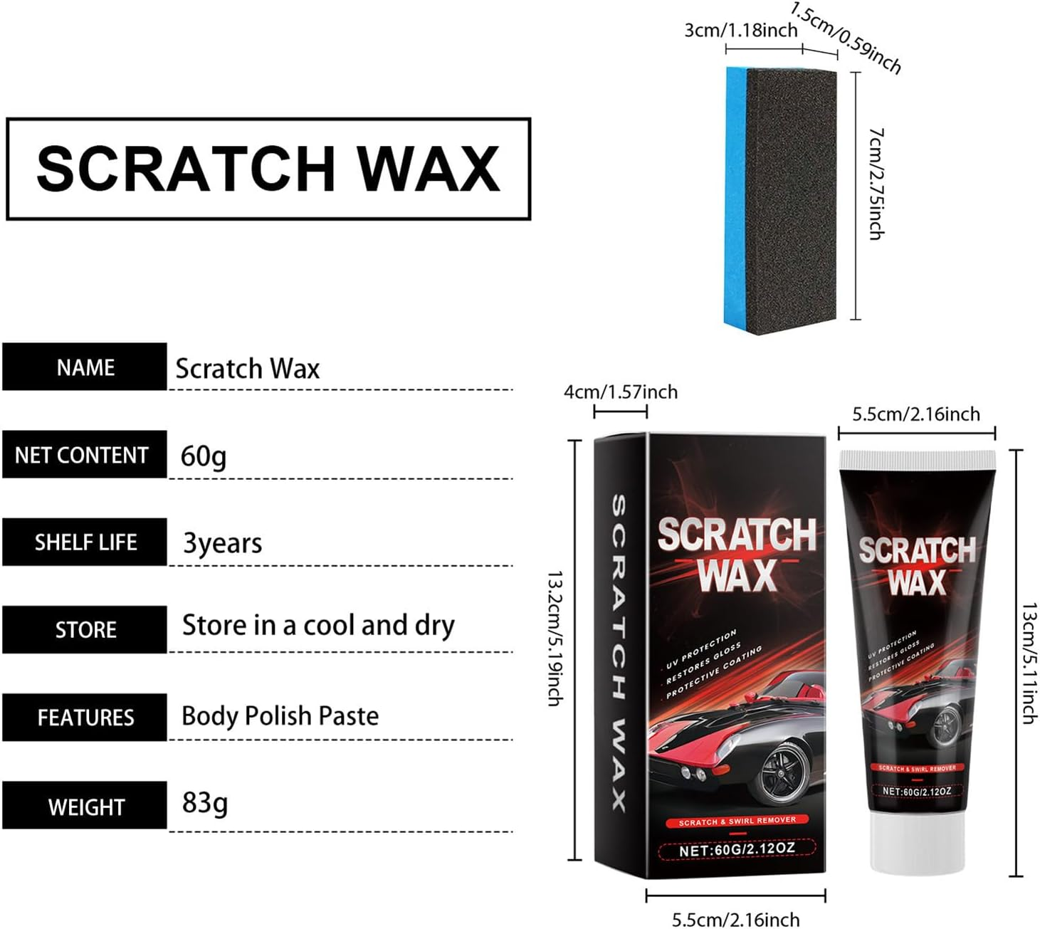 Wjnflqn Car Scratch Remover | Effective 60G Wax with Sponge | Car Paint Scratch Remover & Restorer - for Auto Vehicle Automotive Adding Gloss Road Trip Truck Maintenance Exterior Care image number 3