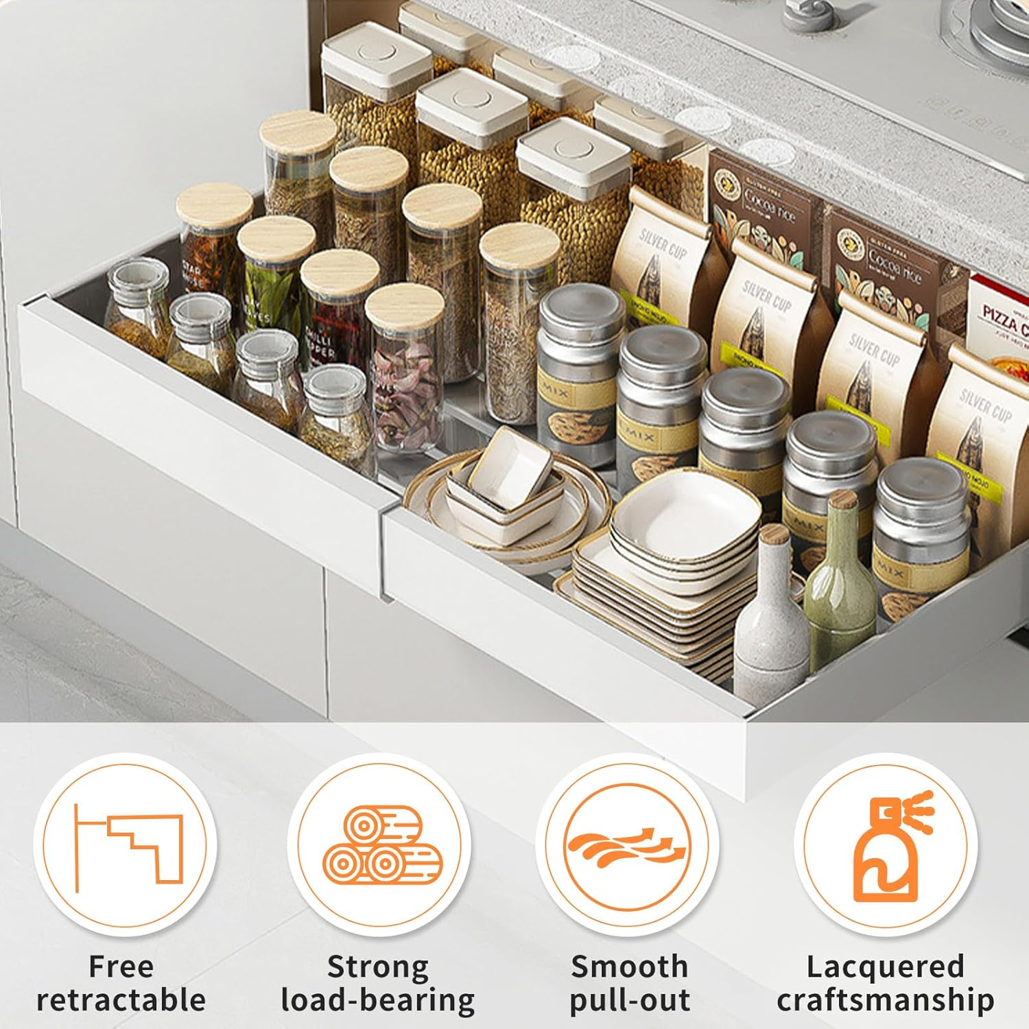 TNGAMFGT Pull Out Cabinet Organizer,Extendable Slide Out Pantry Shelves Storage(32Cm-52Cm),Upgraded No-Drill Chest of Pull Out Drawers for Cabinets with 3 Adjustable Slides (1 Pack，16.5 in Deep)