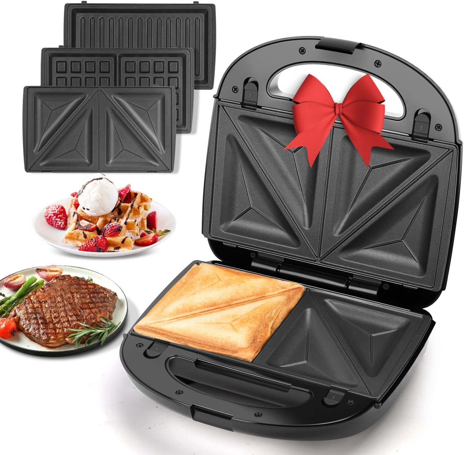 3-In-1 Sandwich Maker with Removable Plates, Non-Stick Waffle Iron & Panini Press for Grilling, Compact Electric Grill with Cool-Touch Handle, LED Lights & Easy Clean image number 4