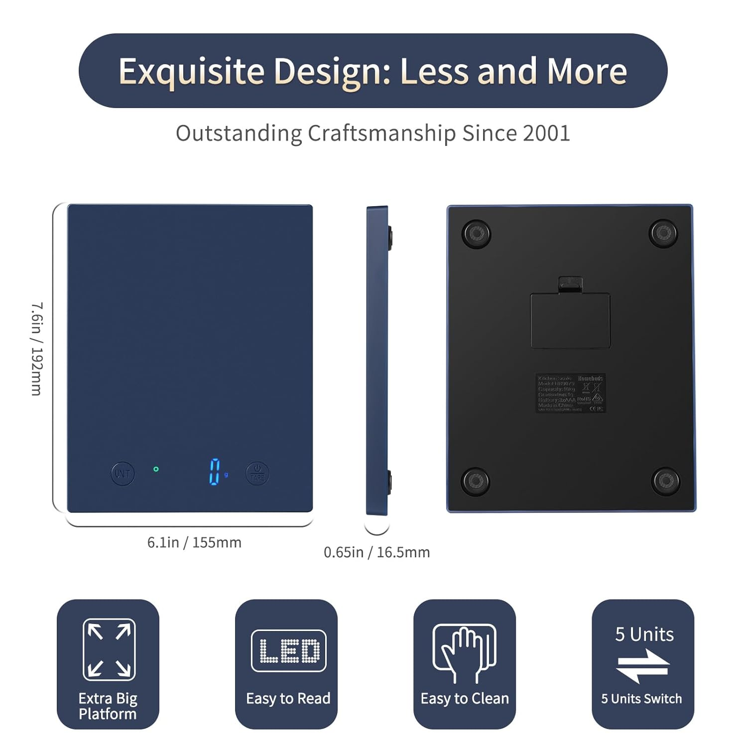 Homebuds 22Lb Digital Kitchen Scales in 1G, High Precision Assured by Scales Kitchen Professional Factory since 2001, Food Scales for Cooking and Baking, LED, 3*AAA Batteries Included, Blue image number 1