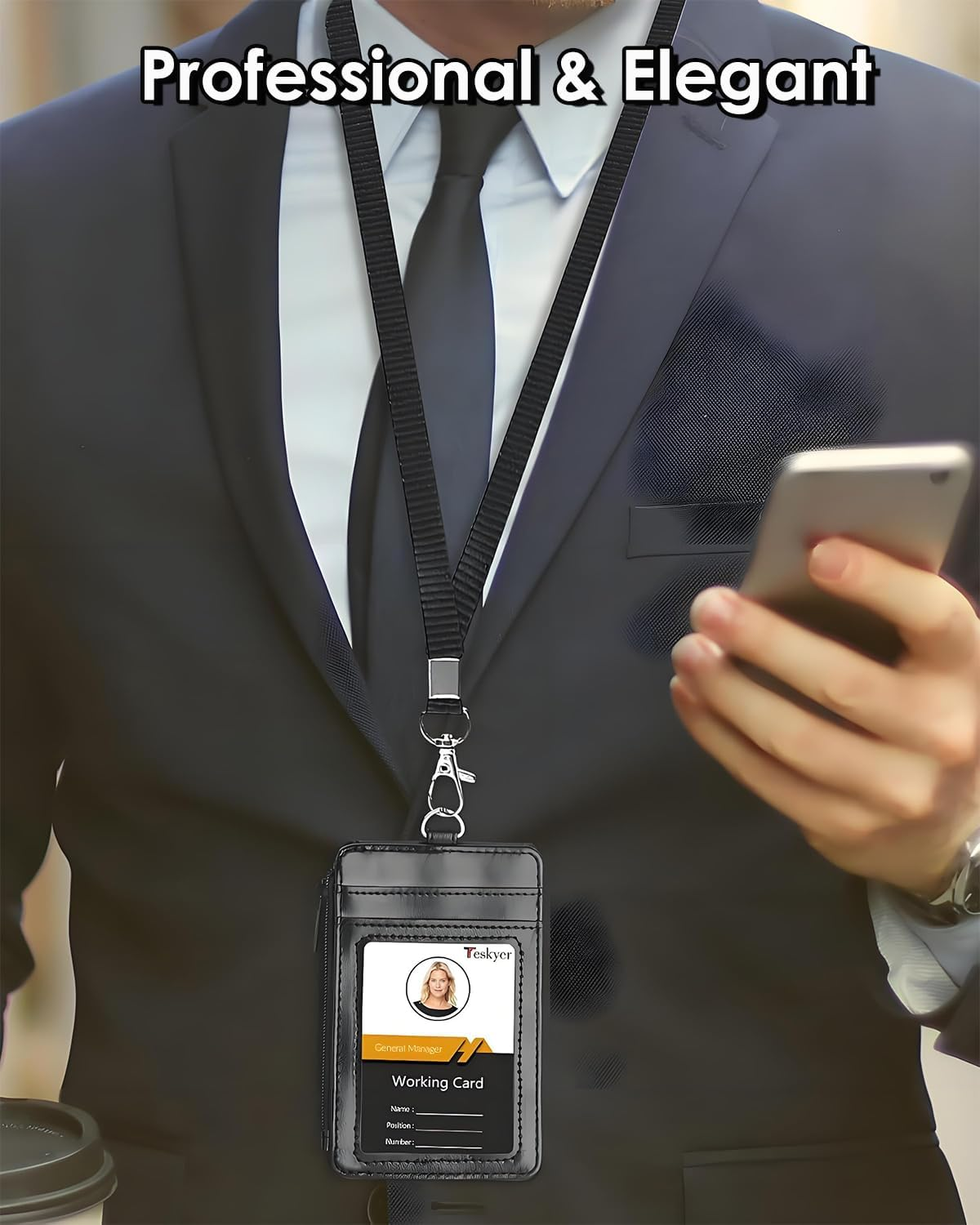 Teskyer Badge Holder with Side Zip Pocket, Multiple Card Slots Leather ID Holder Wallet with Neck Lanyard for Office Staffs, Teachers/Students, Couriers, Workers image number 3