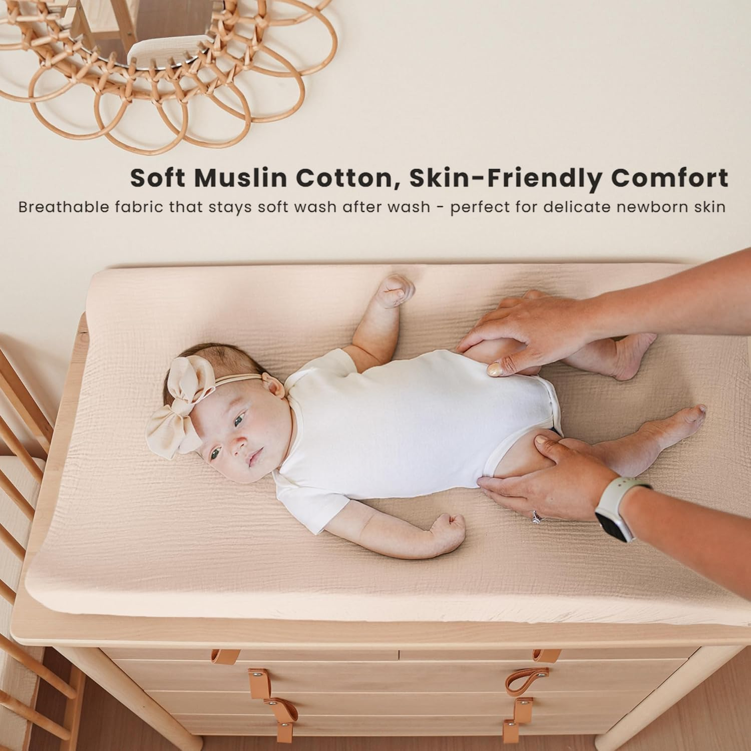 Konssy Muslin Changing Pad Cover for Baby Girls Boys, 100% Cotton Fitted Diaper Chang Table Covers, Soft Breathable Changing Pad Sheets, 2 Pack (Blossom, Cream) image number 2