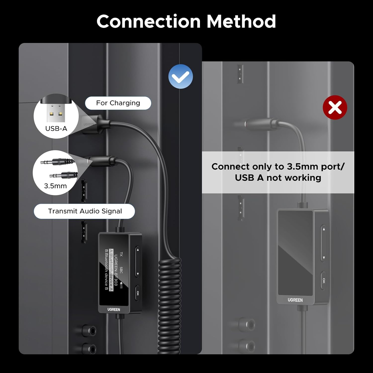 UGREEN Bluetooth 5.4 Transmitter Receiver, 2-In-1 3.5Mm Aux to USB Adapter, Built in Mic, Handsfree Calls, Driver Free, Wireless Bluetooth Adapter Compatible with Car Speakers Home Stereo Headphones image number 2