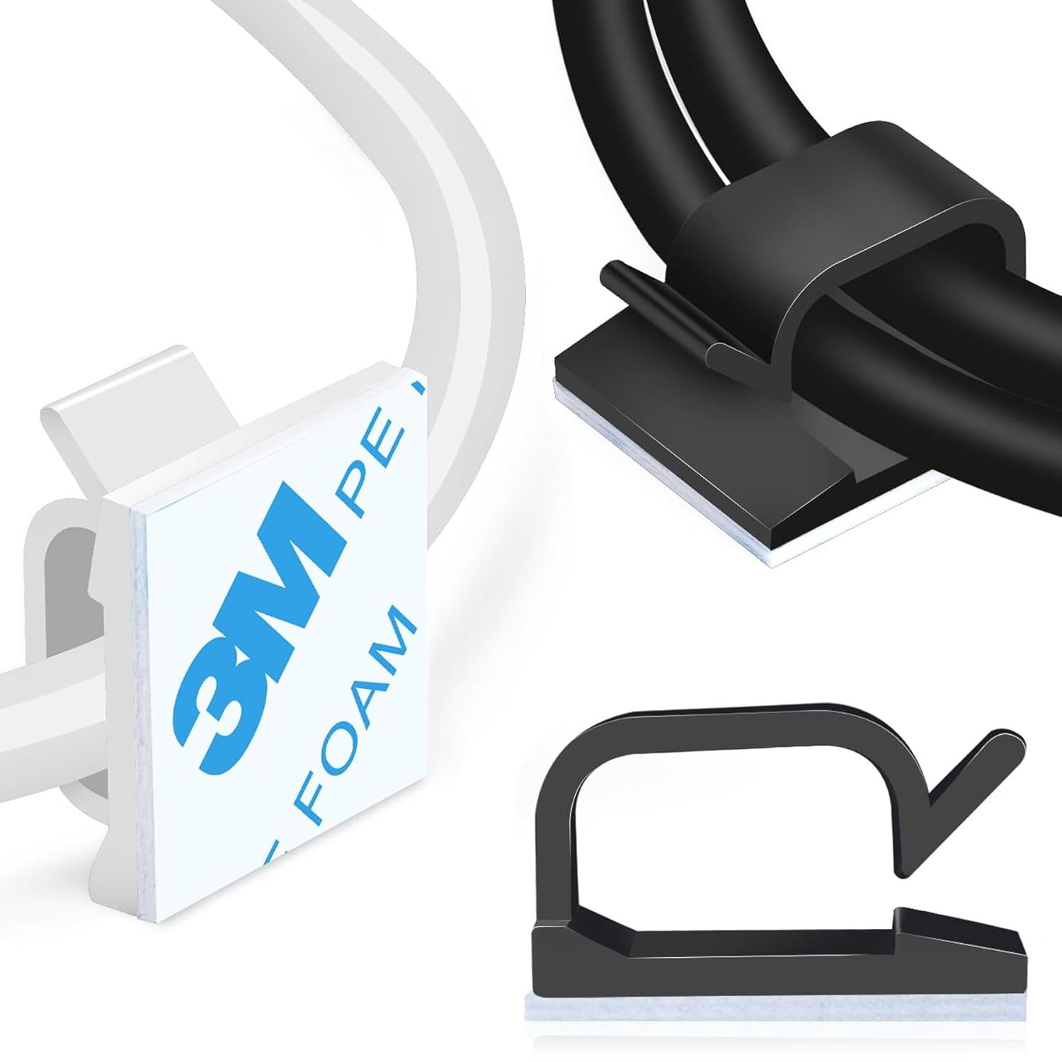 100PCS Adhesive Cable Clips, Wire Organizer Cord Management, Cable Staples Outdoor Strong Cord Clips for Wall, Desk, Christmas Lights, String Lights, TV PC Ethernet Cable, Black Small