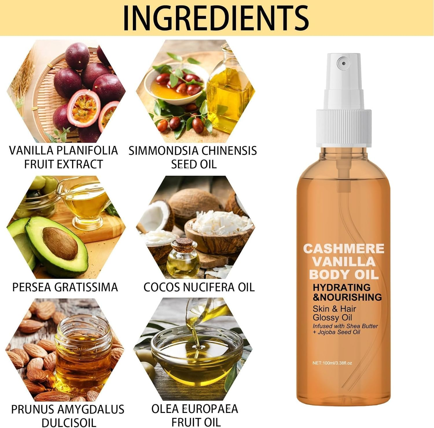 Vanilla Cashmere Body Oil,Cashmere Vanilla Body Oil,Moisturizing & Hydrating Body Oil,Vanilla Cashmere Spray,For Dry Skin and Hair. (2Pcs) image number 4