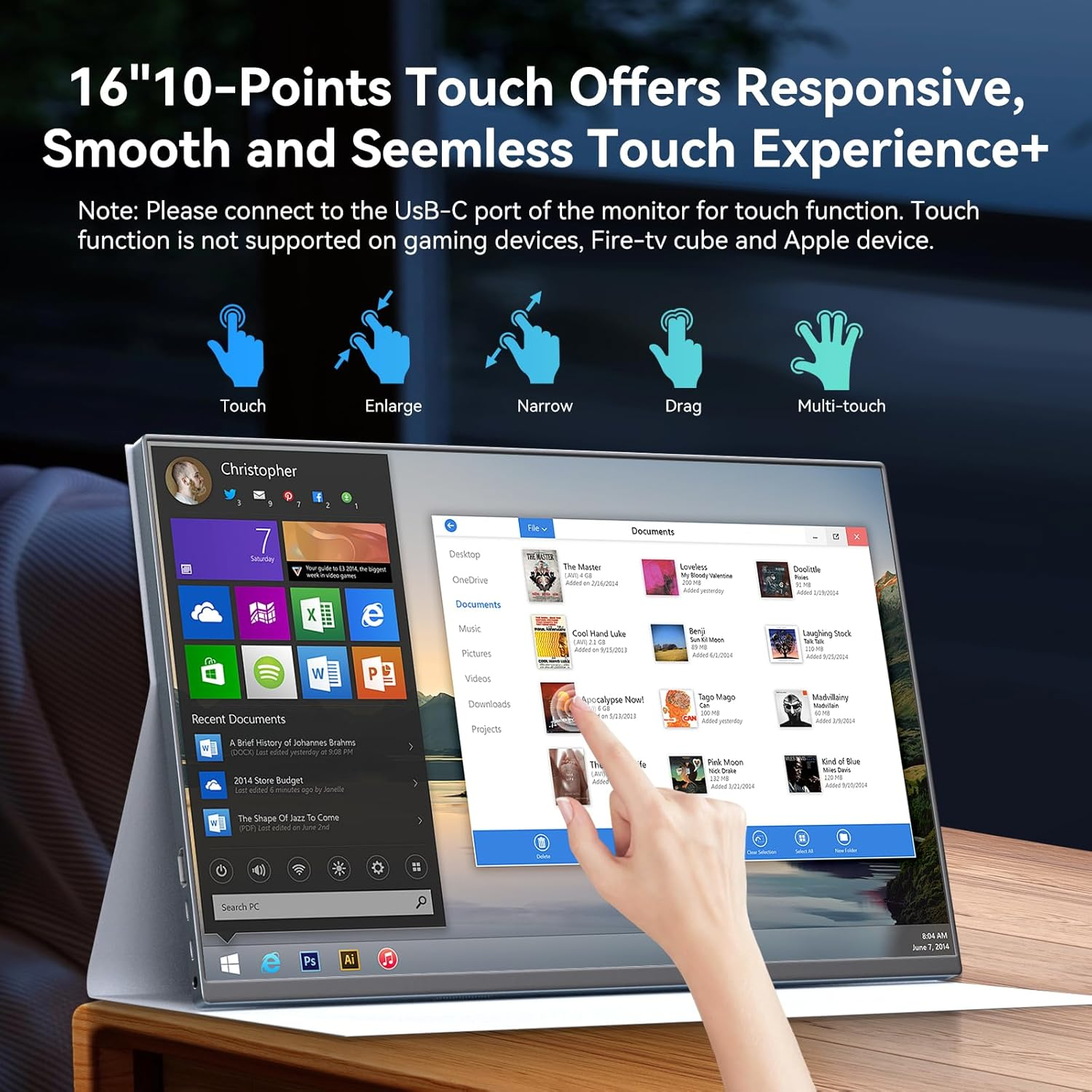 Touchscreen Portable Monitor,16 Inch 1200P Metal Ultra-Thin Portable Display, with Leather Case and Travel Bag Monitor, HDMI USB C External Display, Suitable for Laptop Xbox Switch image number 6