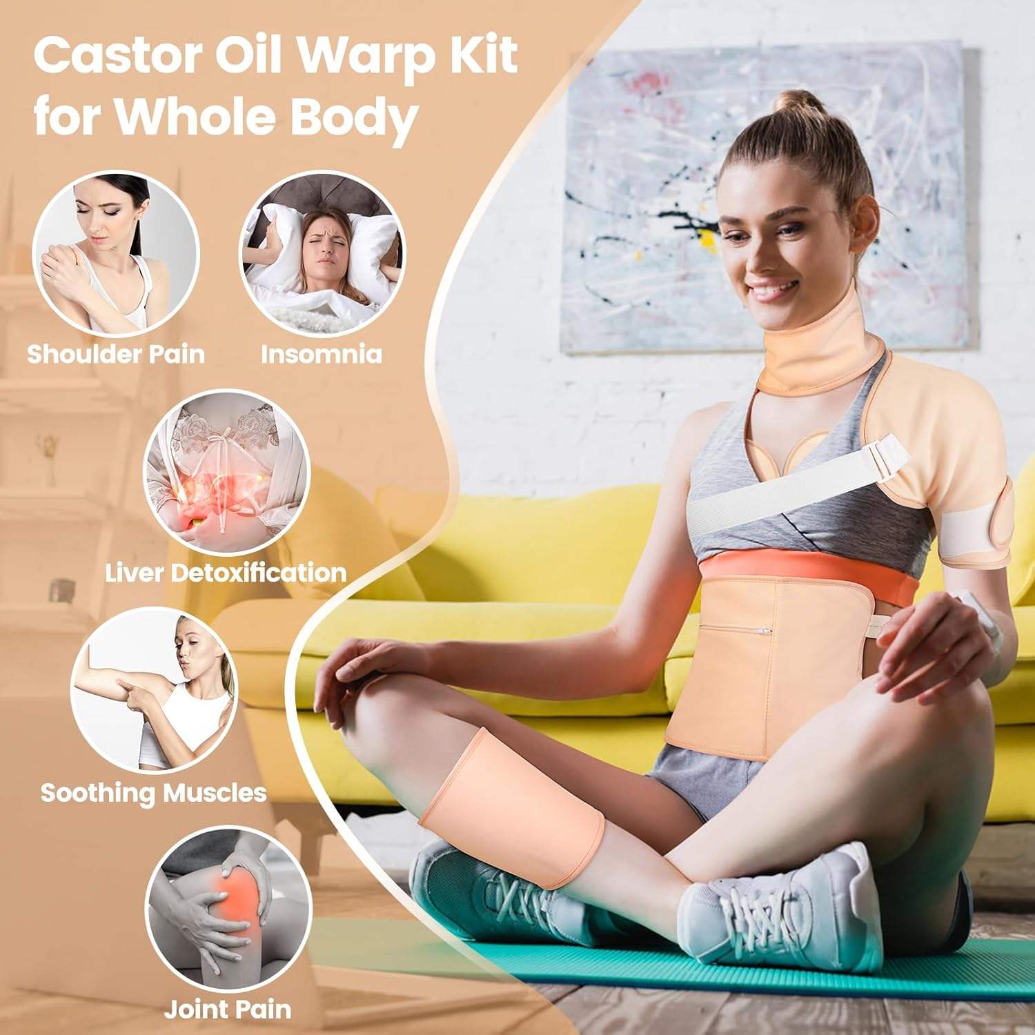 8Pcs Castor Oil Pack Wrap Kit Organic Cotton Liver Detox Pads Reusable Wrap Packs for Shoulder Neck Knee Thigh Arms Machine Washable image number 1