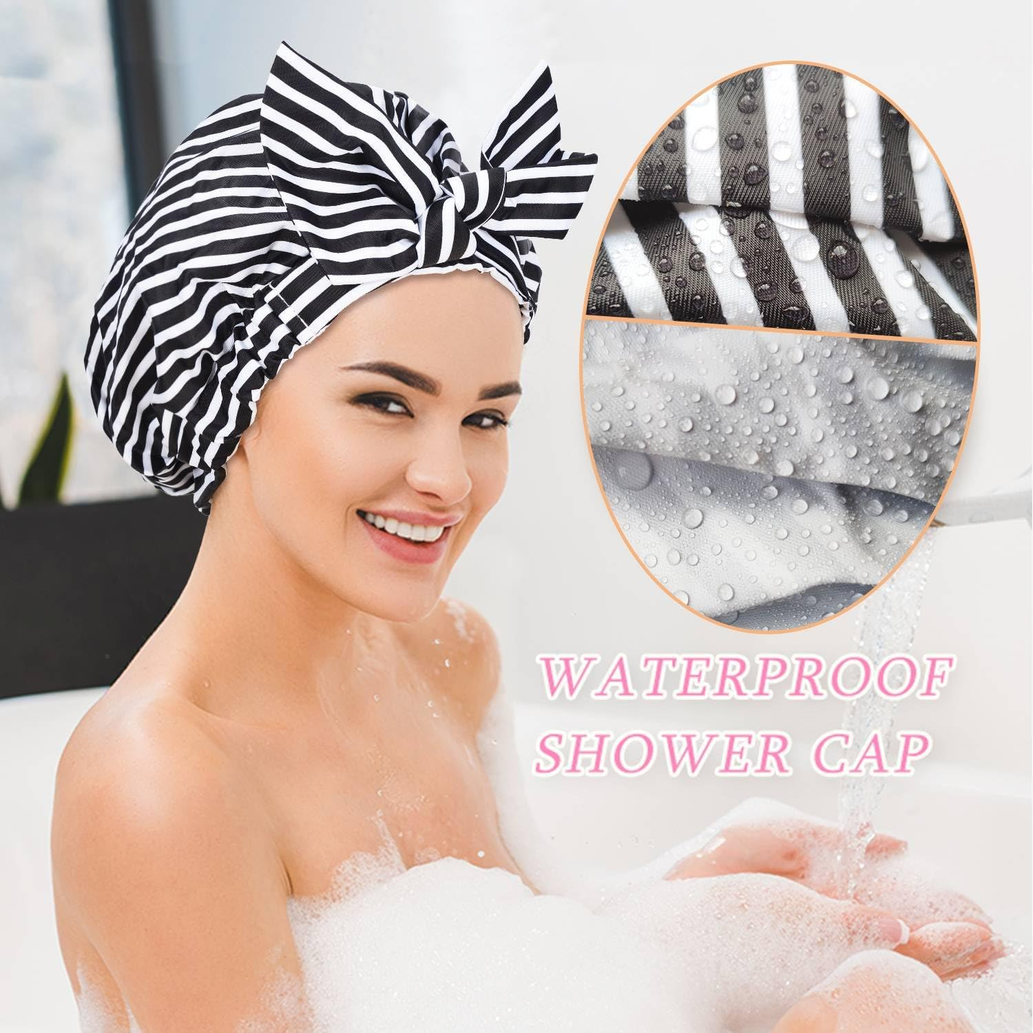 Luvruitaky Shower Cap Luxury Shower Caps for Women Reusable Waterproof Hair Cap for Shower with Adjustable Bowknot Hair Bath Cap (Black Stripe) image number 6