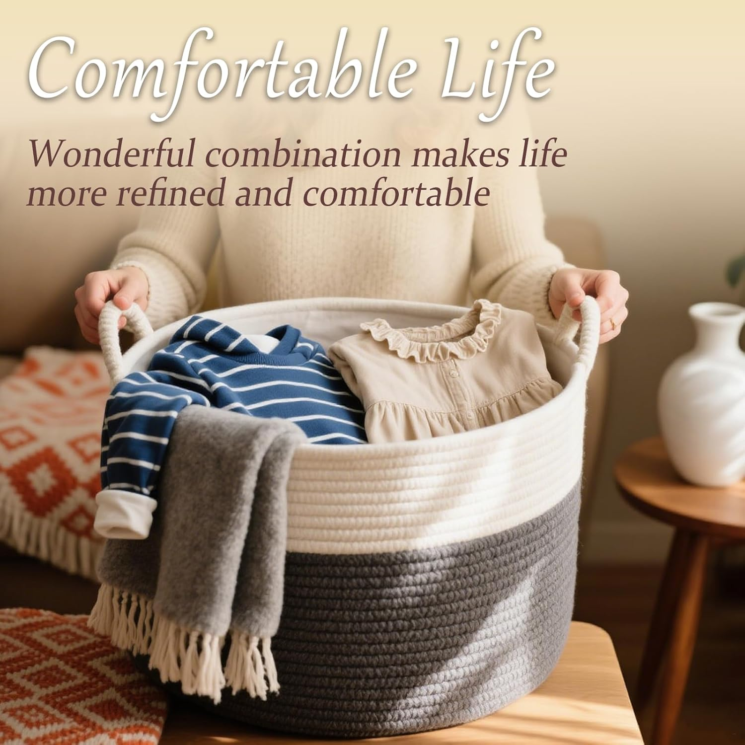 Large round Blanket Basket with Handles 55X35Cm round Jute Black Blanket Basket with Handles for Toys,Pillows, Laundry for Nursery,Living Room,Laundry Room Extra Cotton Rope Storage Basket Cotton Rope Storage Basket image number 1