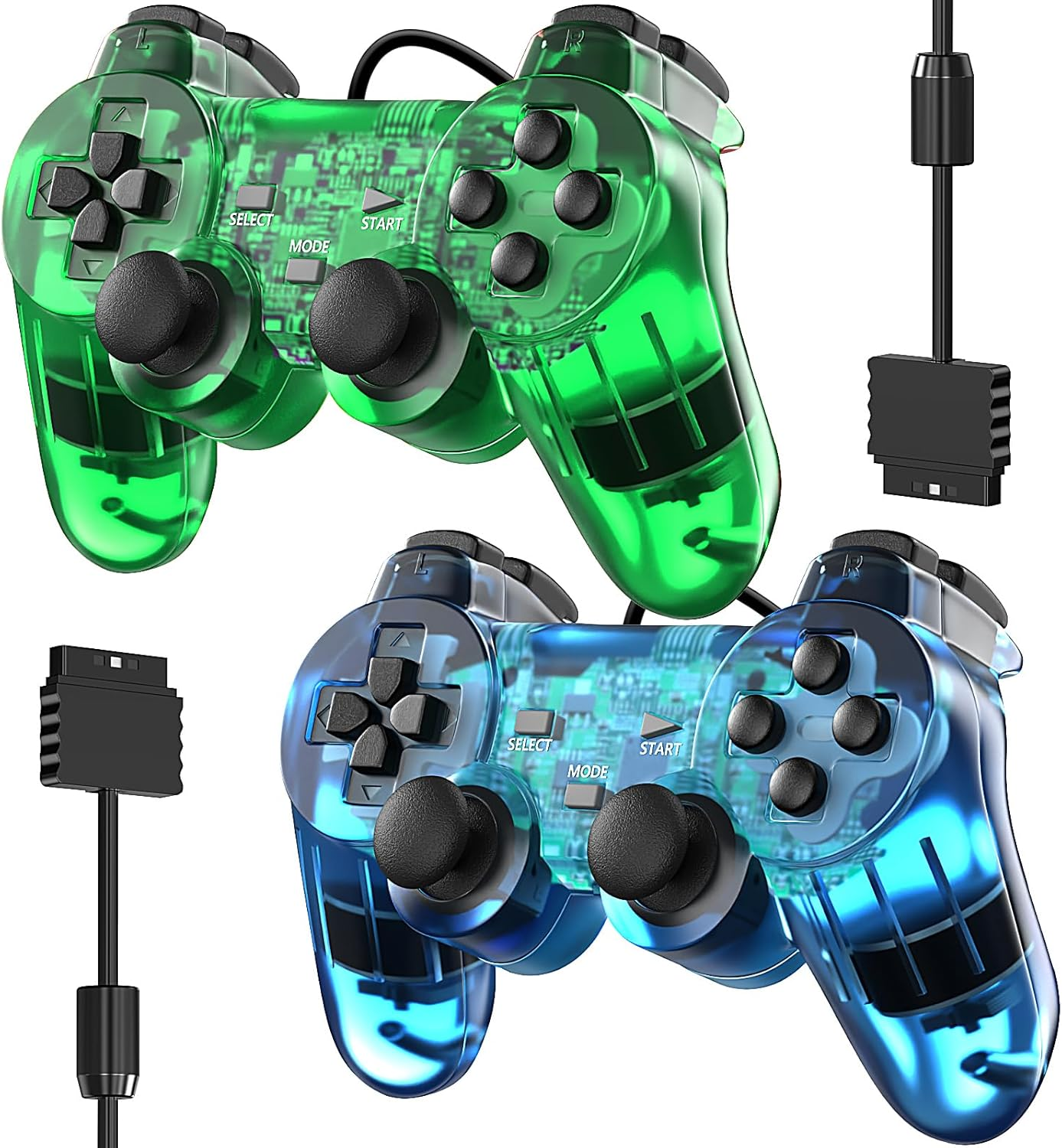 Wired Controller for PS2 Double Shock, 2 Pack Gamepad Remote Compatible with Play Station 2 (Clear Red and Clear Blue)