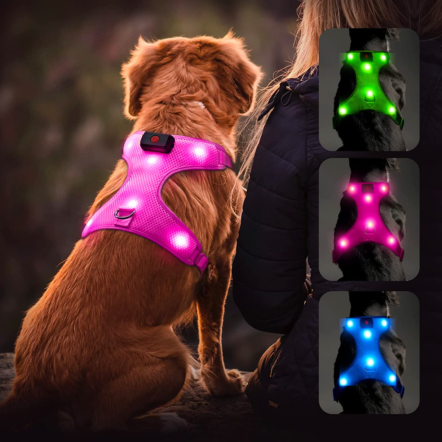 Flashseen LED Dog Harness, Lighted up USB Rechargeable Pet Harness, Illuminated Reflective Glowing Dog Vest Adjustable Soft Padded No-Pull Suit for Small, Medium, Large Dogs (Green, M)