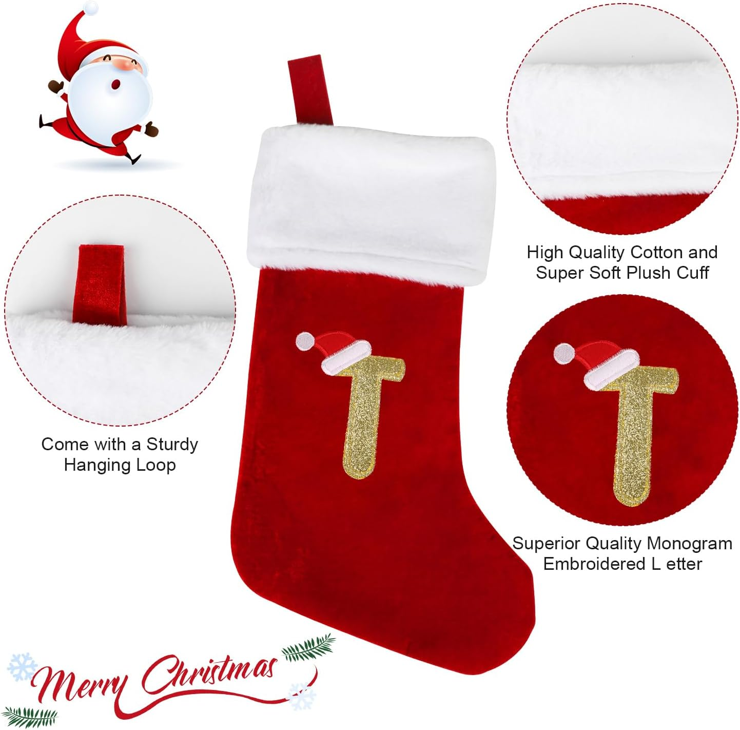 VEYLIN Embroidered Stockings Christmas 20 Inch Christmas Stockings with Letters, Plush Christmas Stockings Christmas Stockings for Kids/Adult Red Letter(T) image number 1