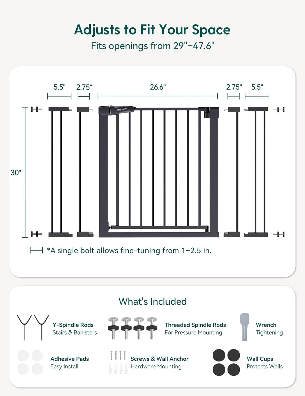Babelio Metal Baby Gate, 29-48" Auto Close Easy Install Pet Gate, Extra Wide Walk Thru Child Safety Gate, Pressure Mounted Dog Gate for Doorways and Stairs, with Y Spindle Rods, Black image number 2