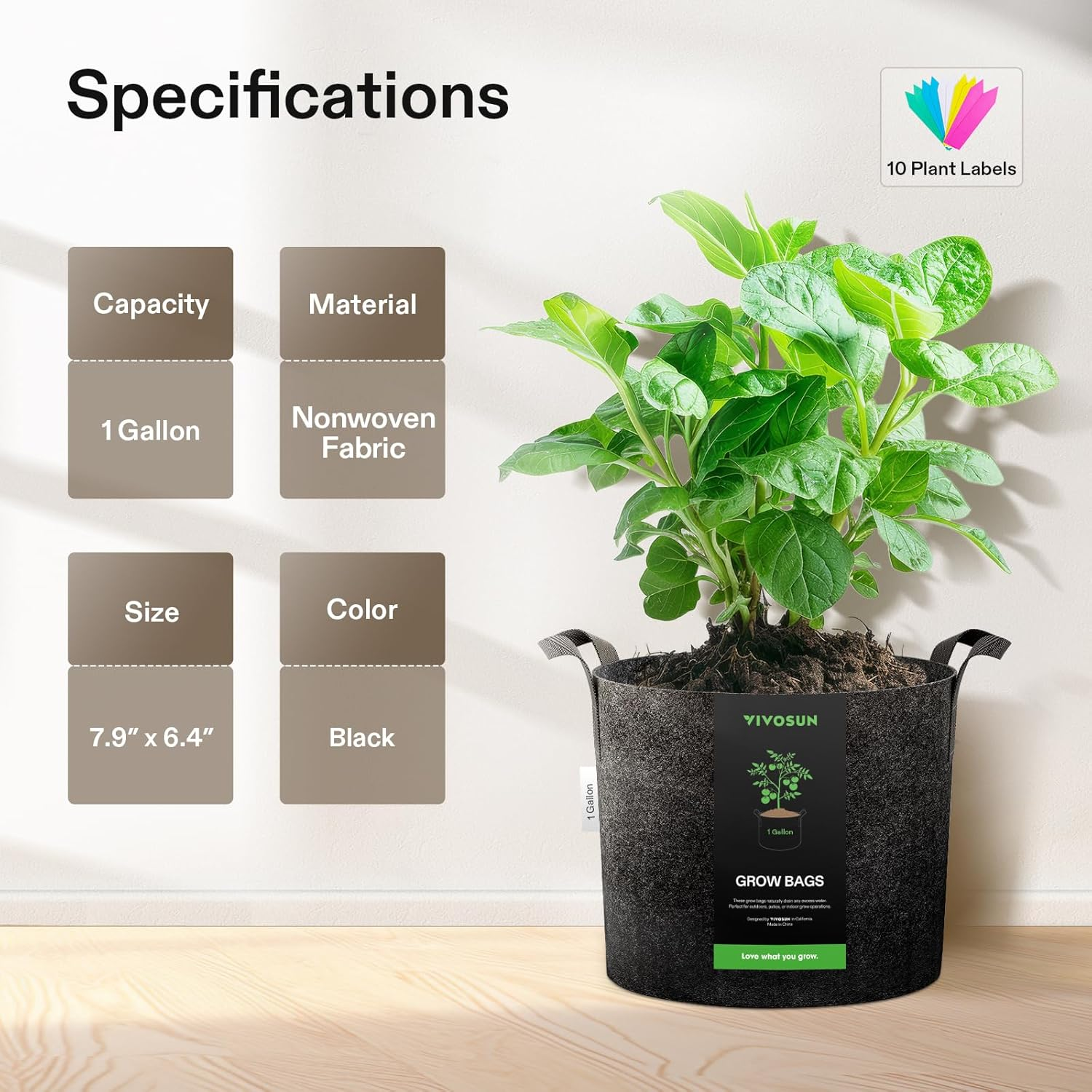 VIVOSUN 5-Pack 1 Gallon Heavy Duty Thickened Nonwoven Fabric Pots Grow Bags with Handles image number 1