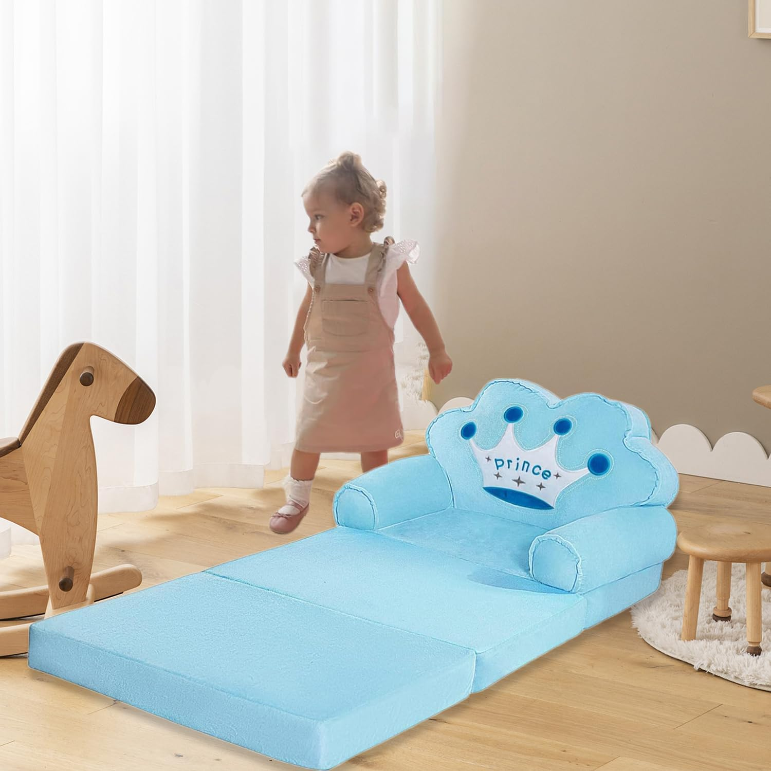 Uandhome Kids Foldable Sofa Bed,Princess Chair for Toddlers 1-3,Cartoon Shape,Baby Sofa Bed Foldable Out Couch for Bedroom,Sofa Bed for Girls (Blue) - Blue image number 6