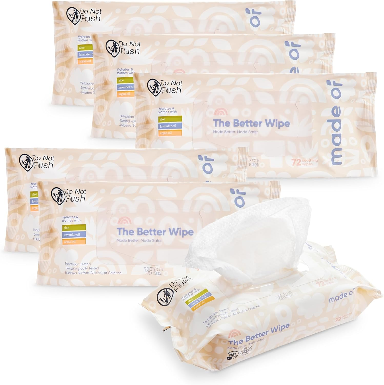 Organic Sensitive Baby Wipes, Hypoallergenic Soothing Sensitive Skin Wipes, Fragrance-Free, Chemical-Free, Alcohol-Free, Water Based Aloe and Argan Oil, Made in the USA, 72 Count (Pack of 6) image number 2