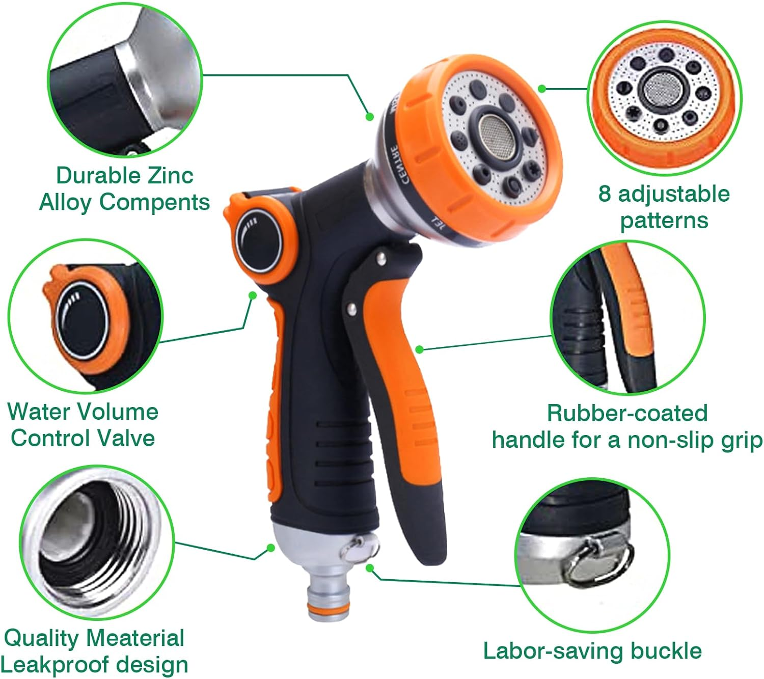 Garden Hose Nozzle,Water Spray Nozzle,8 Adjustable Watering Patterns for Plants,Lawn& Garden,Washing Cars,Pet Showering image number 4