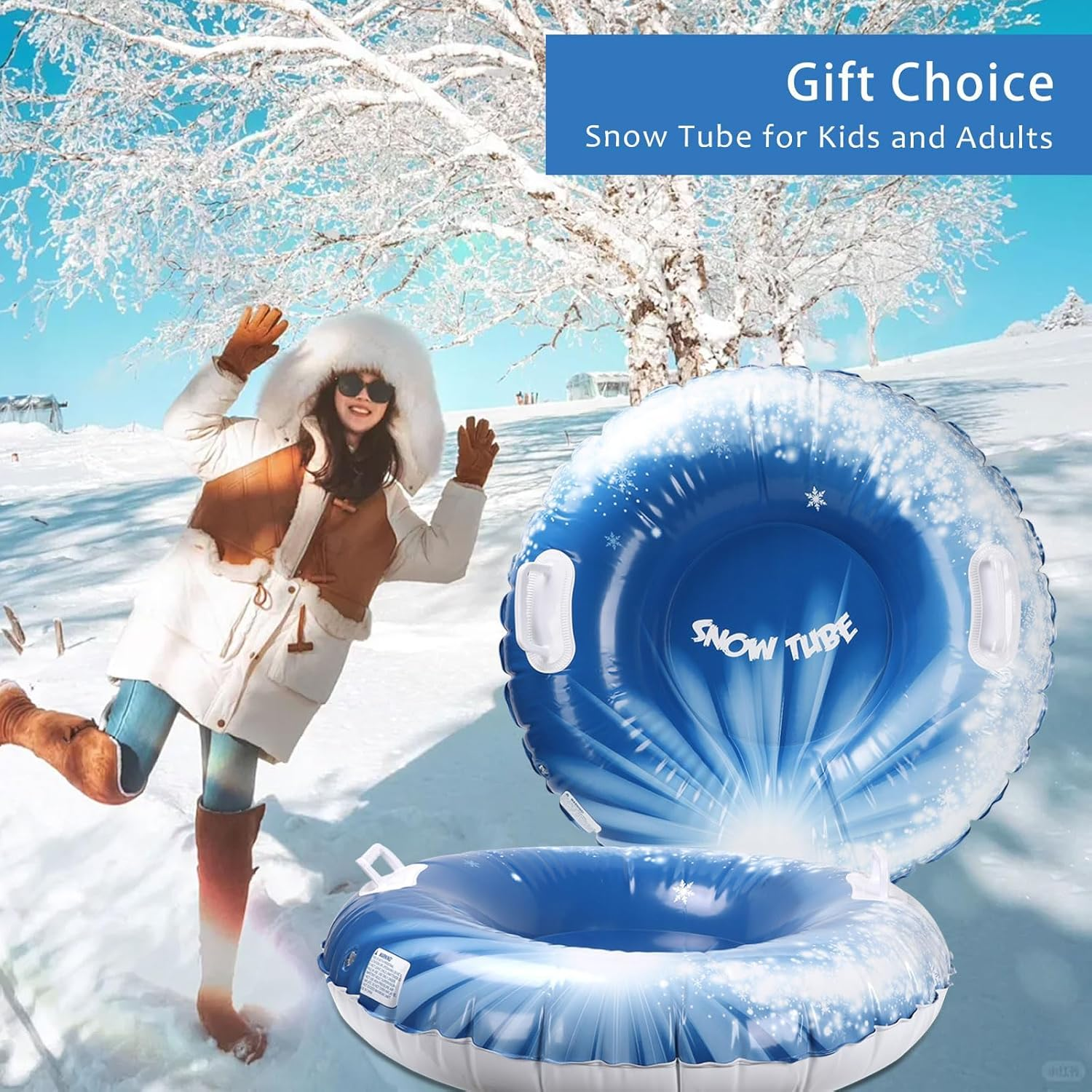 Snow Tubes, 37.4" 1Pack Inflatable PVC Snow Sled, Thickened Heavy Duty Hard Bottom Snow Sleds with Handles, Fun Winter Outdoor Sports Toys for Family Activities image number 4