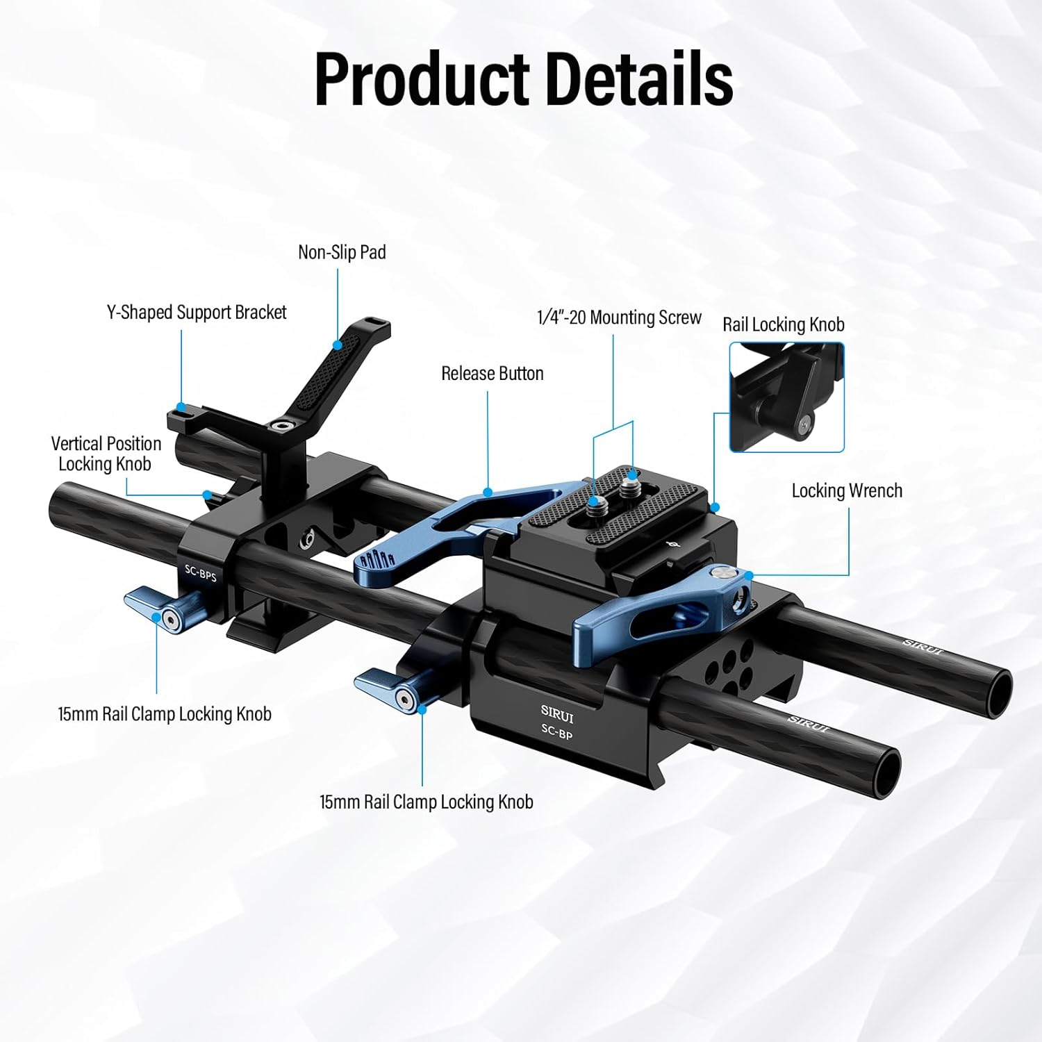 SIRUI Universal Camera 15Mm Rod Rail Baseplate with Dual Carbon Fiber Rods, Y-Shaped Lens Bracket, Quick Release Plate and Clamp Set, Rod Rail Base Plate for Tripod, Shoulder Rig, SC-BPS image number 4
