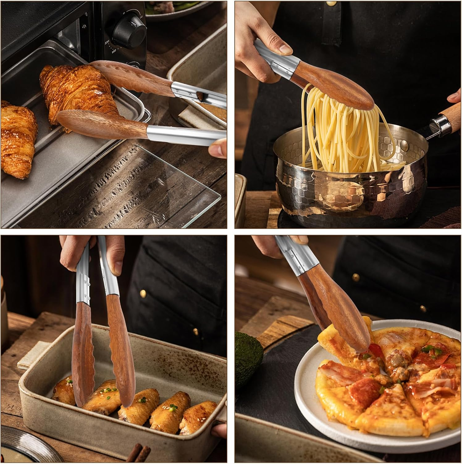 2 Pcs Walnut Wooden Kitchen Tongs Salad Tongs with Wooden Tips, Wood Food Tongs Locking Tongs Wood Serving Tongs for Flipping Cooking Grilling (Silver 2Pcs) image number 6