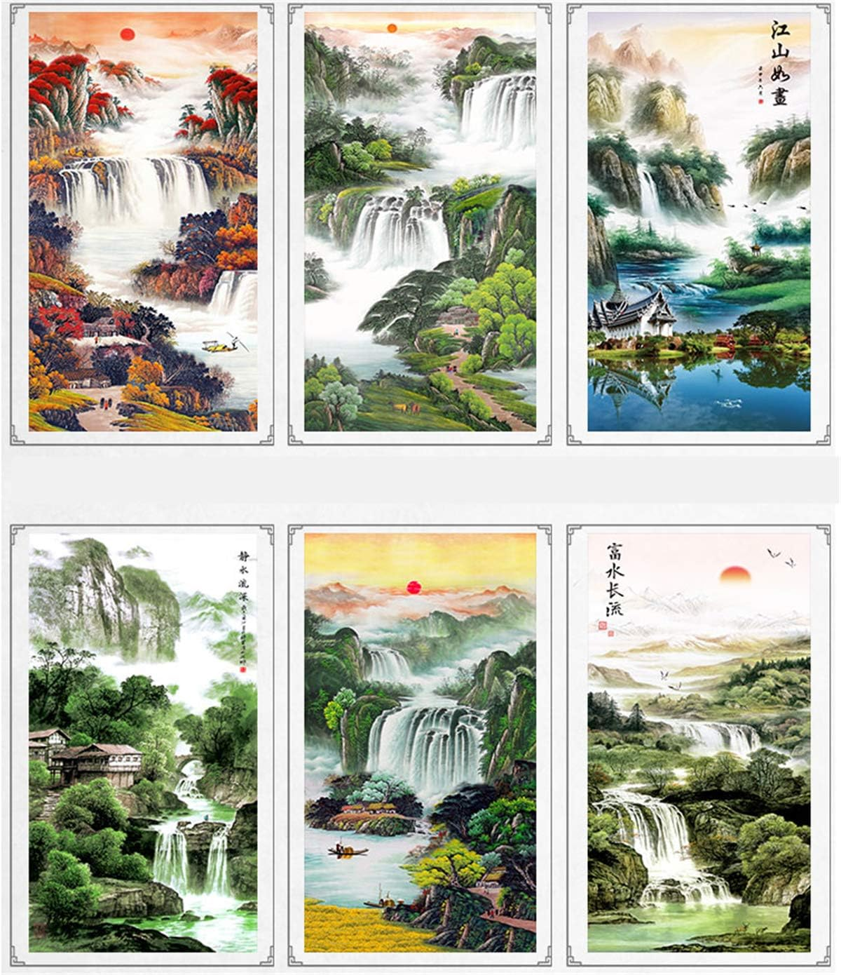 Zzooi Chinese Lucky Fengshui Painting Waterfall Golden Carps Wall Art Hanging Silk Painting Scroll,Feng Shui Decor - Golden image number 4