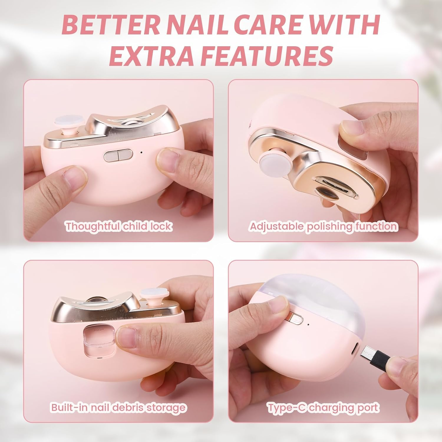 Electric Nail Clipper, 3 in 1 Automatic Electric Nail Clipper with Polishing, 2 Adjustable Speeds & Polishing Toenail Clippers, Electric Toe Nail Clippers Nail Cutter for Seniors Kids Adults (Pink) image number 1