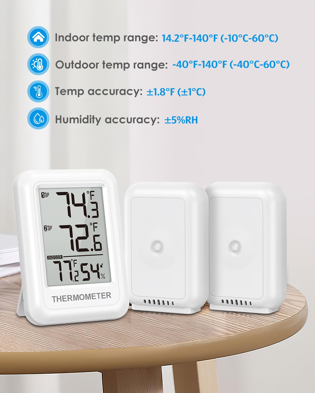 AMIR Indoor Outdoor Thermometer Wireless with 2 Transmitters up to 100M/328Ft, Max/Min Display, Greenhouse Humidity Thermometer for Babyroom Garden image number 3