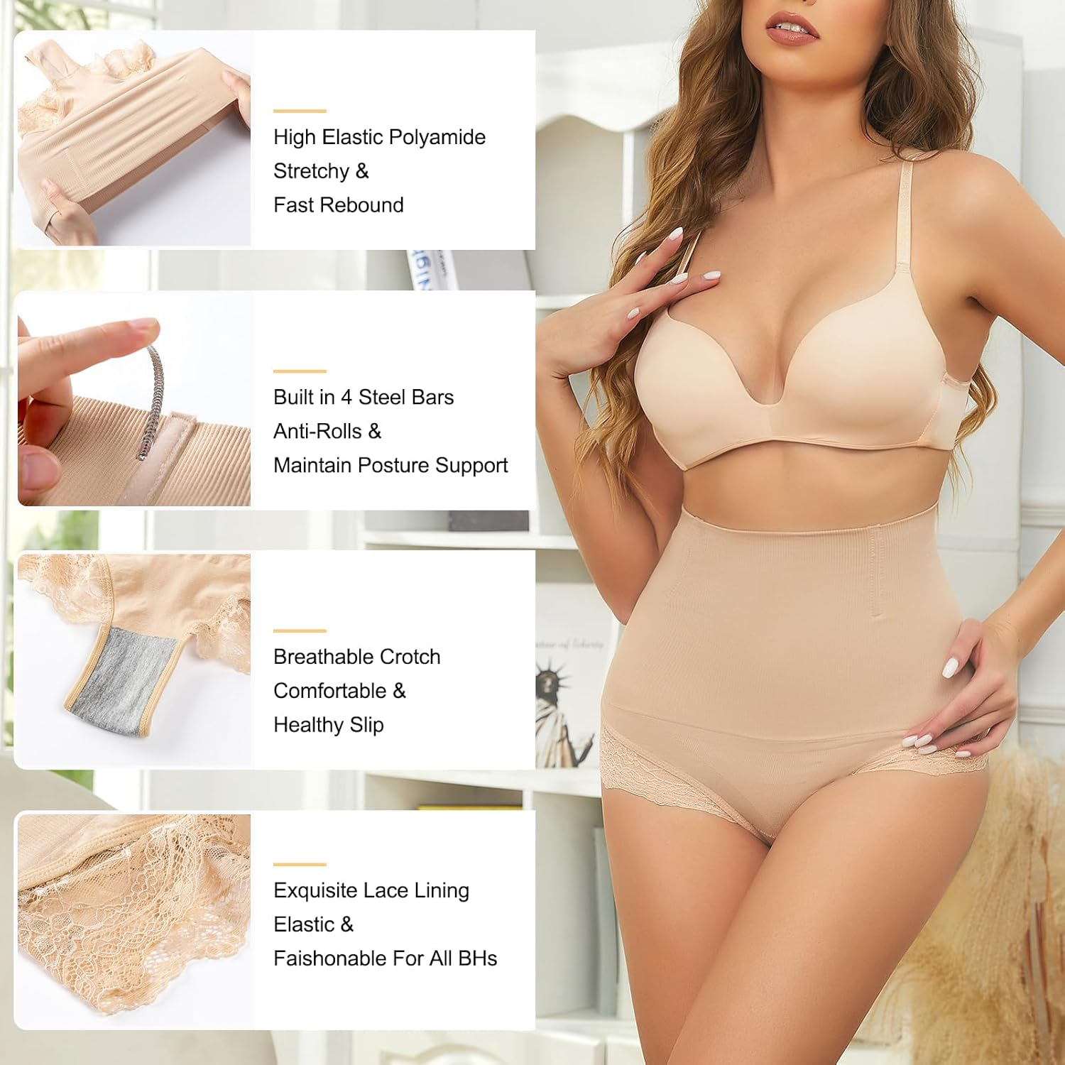 SURE YOU like Shapewear for Women Tummy Control Thong High Waisted Underwear Sexy Lace Body Shaper Seamless Panties image number 5