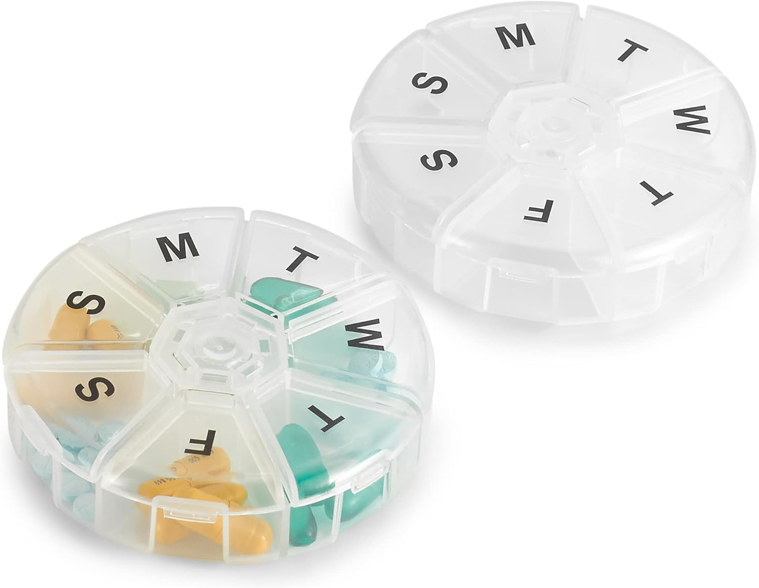 Weekly Pill Organizer - Pack of 2 - Large round Travel Medication Reminder Daily Monday to Sunday Compartments, 7 Days