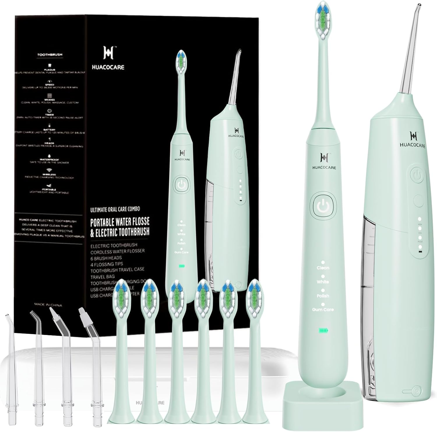 2-1 Oral Clean Kit- Water Dental Flosser & Electric Toothbrush Combo- Brushing & Flossing- for Teeth Cleaning and Gum Health (Light Green)