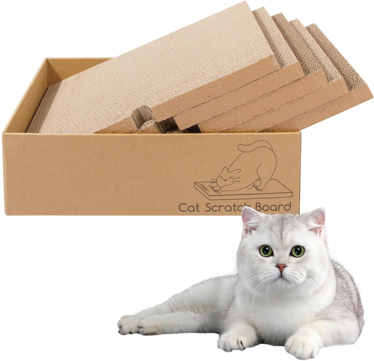 Cat Scratcher with Box,5 in 1 Reversible Cat Scratcher Cardboard, 5 PCS Corrugated Scratching Cat Scratch Pad Replace for Cat Book Scratcher, Corrugated Cardboard Scratching Lounge for Indoor Kitty to Rest and Play Kitty/Large Cats image number 3