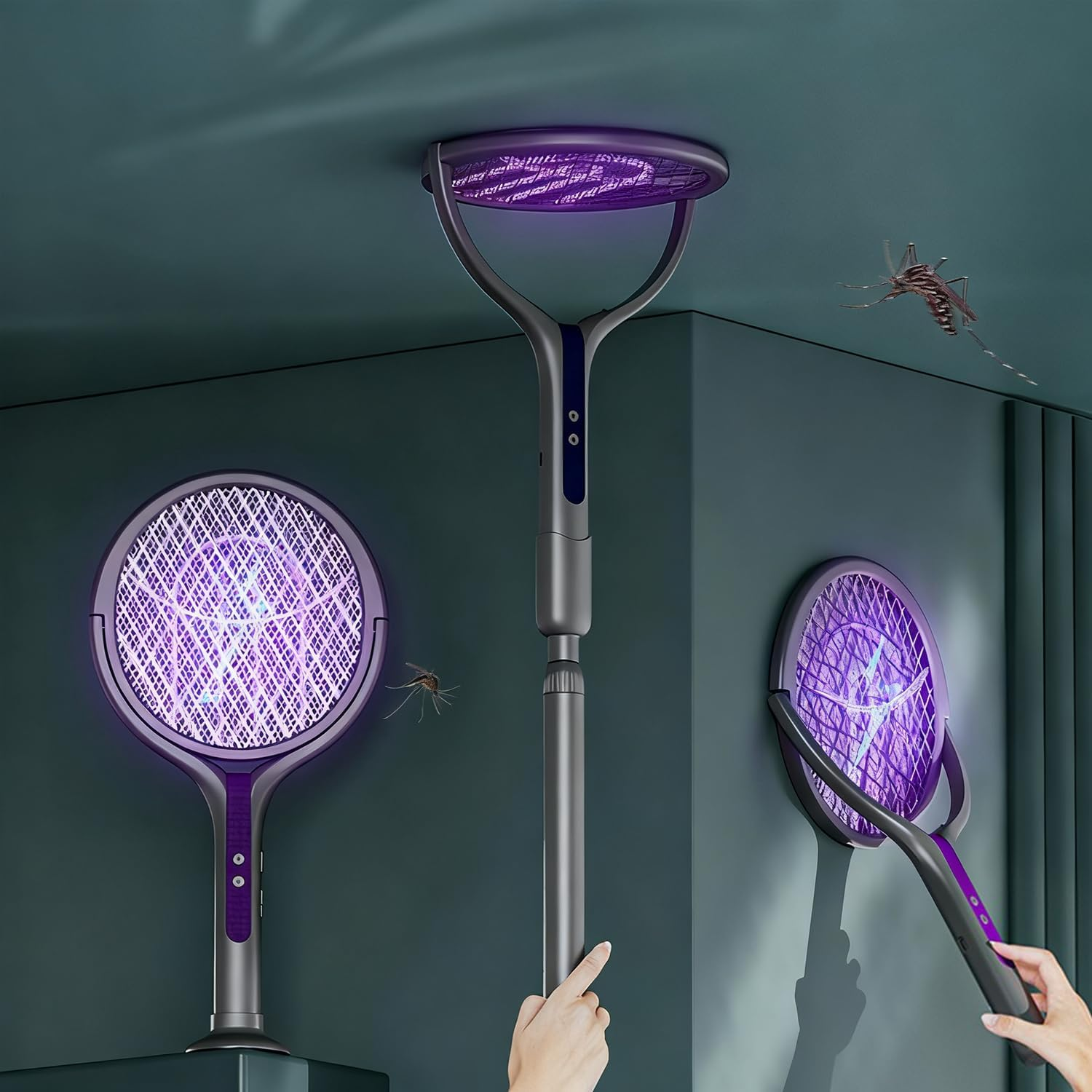 USB-C Rechargeable Insect Zapper Racket with Rotating Head & Telescopic Handle - for Indoors, Outdoors, Home, Office, and Camping image number 2
