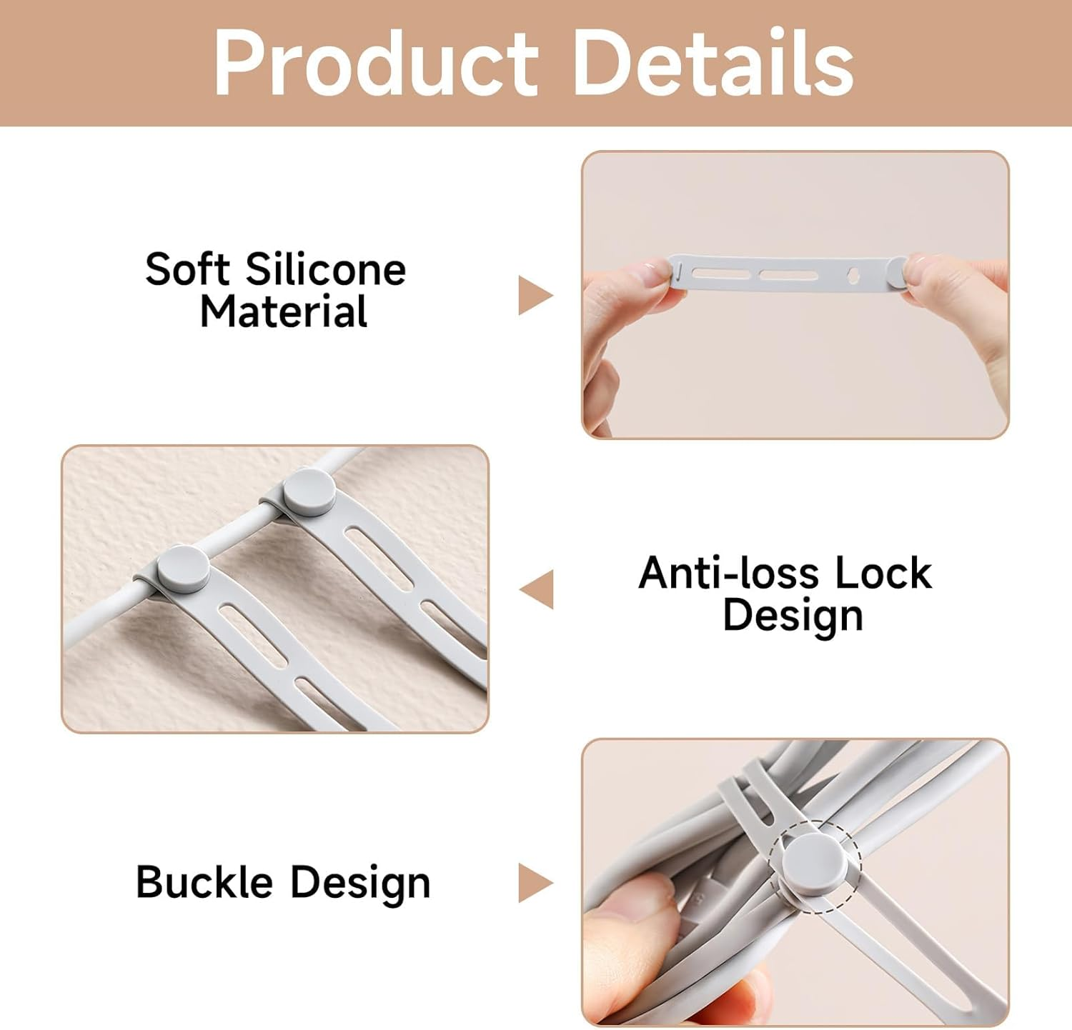 10 Pack Silicone Cable Ties Cord Organizer Strap, Colorful Reusable Wire Wrap Management with Lock Buckle, Elastic Cord Organizer Strap with Wire Clips Labels for Neat Cable Management (7 Color) image number 3