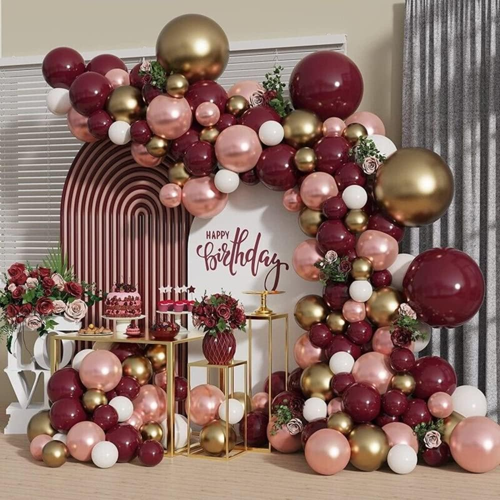 Burgundy Balloon Garland Arch Kit 135Pcs - Wine Red Rose Gold White Metal Gold Balloons with Strip Tape for Baby Shower Wedding Birthday Party Decorations (Burgundy)
