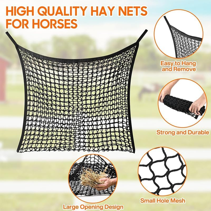Hay Nets for Horses，2 Pieces of Knotless Slow Feeding Hay Nets with 4 Horse Hook Clips, Large Capacity Open Top Hanging Hay Bags for Horses(Black, 2PC) image number 2