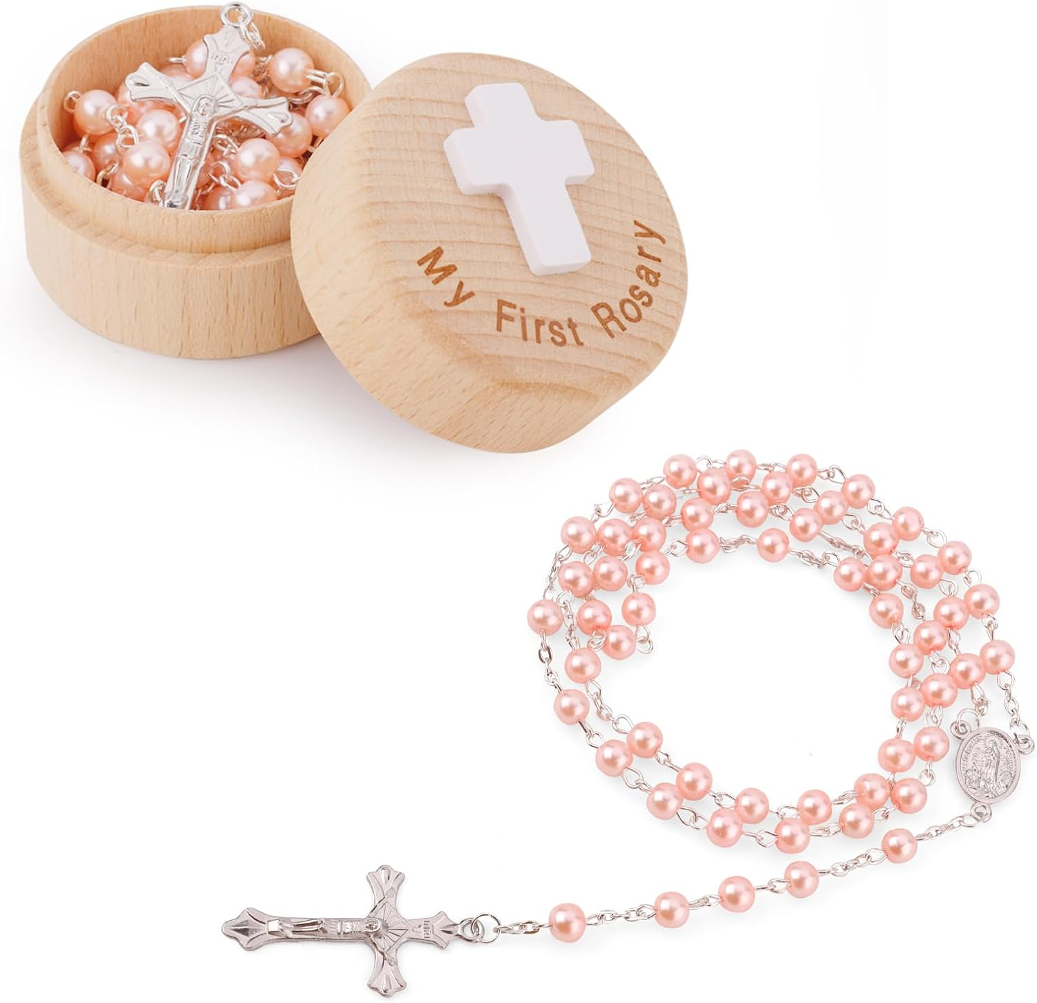 My First Rosary Baptism Gifts, Baptism Memorial Box Pink Rosary Necklace Beads Christening Gifts Catholic First Communion Gifts Rosary Box Holder for Women Baby Shower image number 6