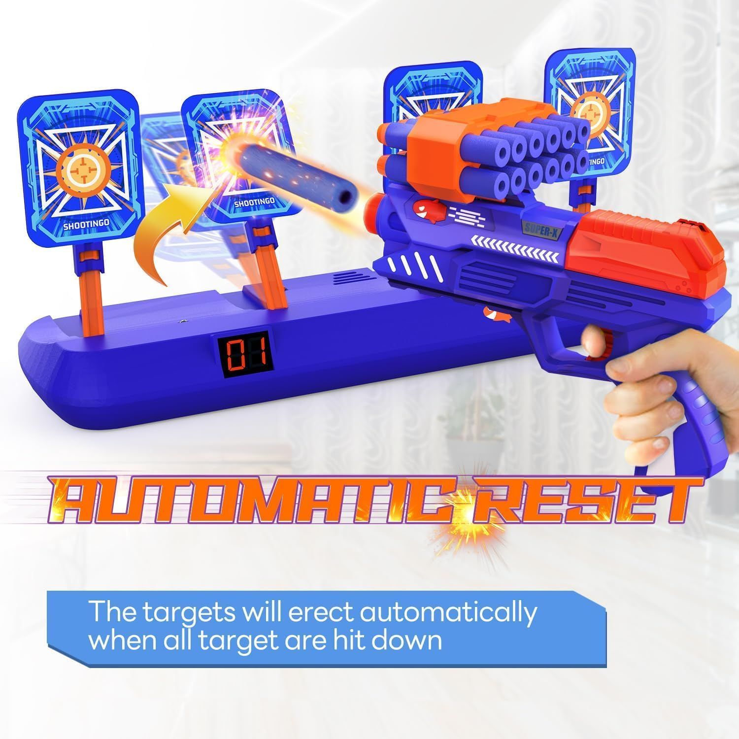 Zookao Digital Shooting Targets with Toy Gun, Nerf Gun Toy with Electronic Scoring Auto Reset 4 Targets, Shooting Games Toys for 6, 7, 8, 9, 10+ Years Old Boys Girls, Halloween for 6-12 Years Old Boys - Blau image number 7