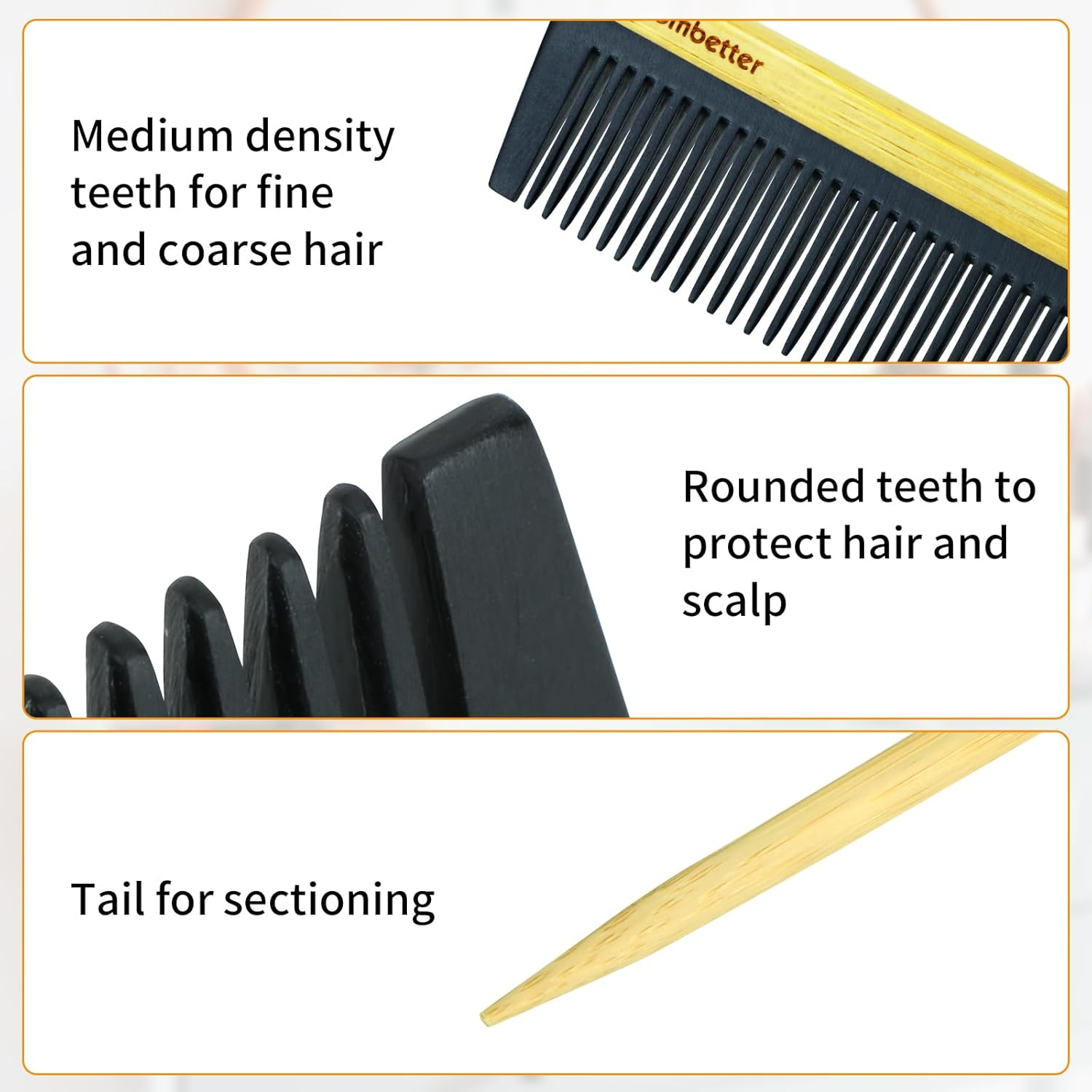 Rat Tail Comb for Hair Styling and Sectioning, Fine Tooth Teasing Comb Parting for Braiding Hair, Eco-Friendly Bamboo and Durable Bakelite Infused Anti-Static Anti-Frizz Hair for Women by Combetter image number 2
