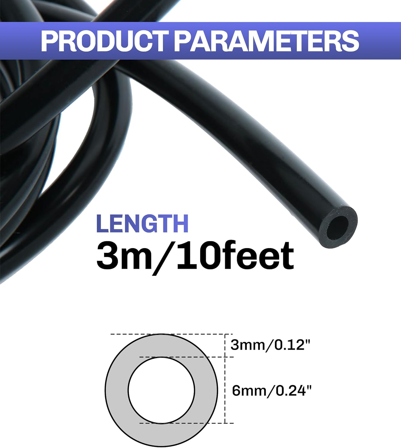 10Ft Vacuum Tubing,High Performance Silicone Vacuum Tubing Hose Line,Car Accessories 1/4" Inner Diameter Hose,Vacuum Lines Automotive,Applies to Most Cars Trucks (Black) image number 2