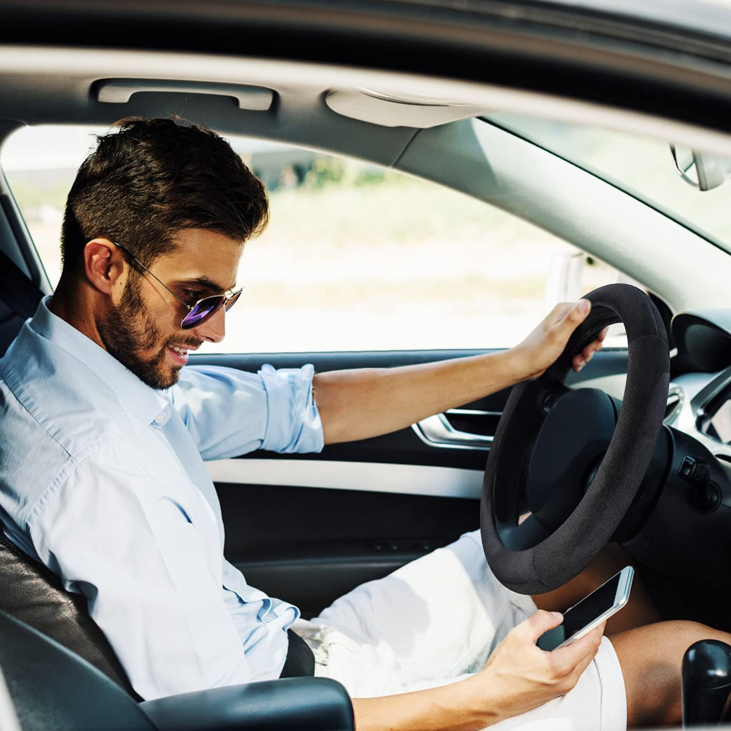 SEG Direct Black Plush Winter Auto Car Steering Wheel Cover Universal 15 Inch - Psychedelic Trip image number 5