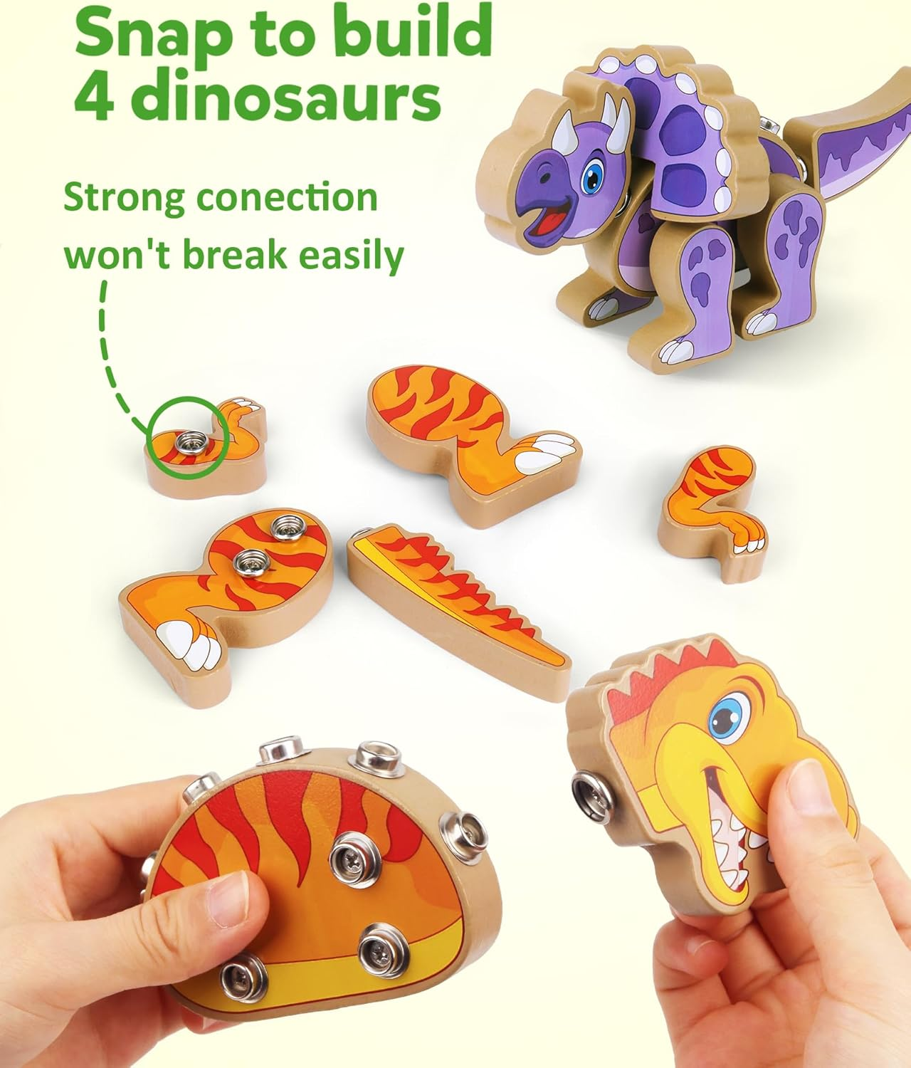 Coogam Build Your Own Dinosaurs Toy, Snap Together Building Dinosaurs Playset, Wooden STEM Take Apart Dinosaur Builder, Fine Motor Building Toy for 3 4 5 Years Old Kids image number 5