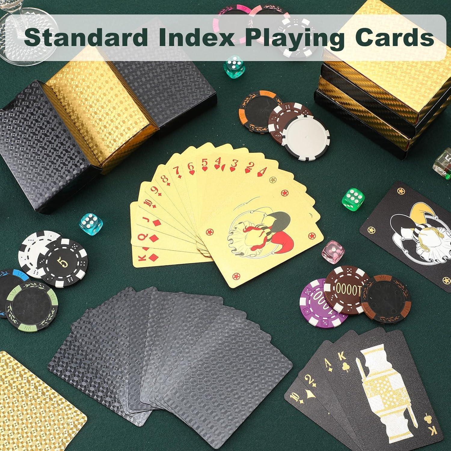 HENWUBEI 2 Decks of Black and Gold Playing Cards, Waterproof Plastic Cards with Gift Box, Game Tool for Home Game Party - Cool Gold and Black Diamond image number 1