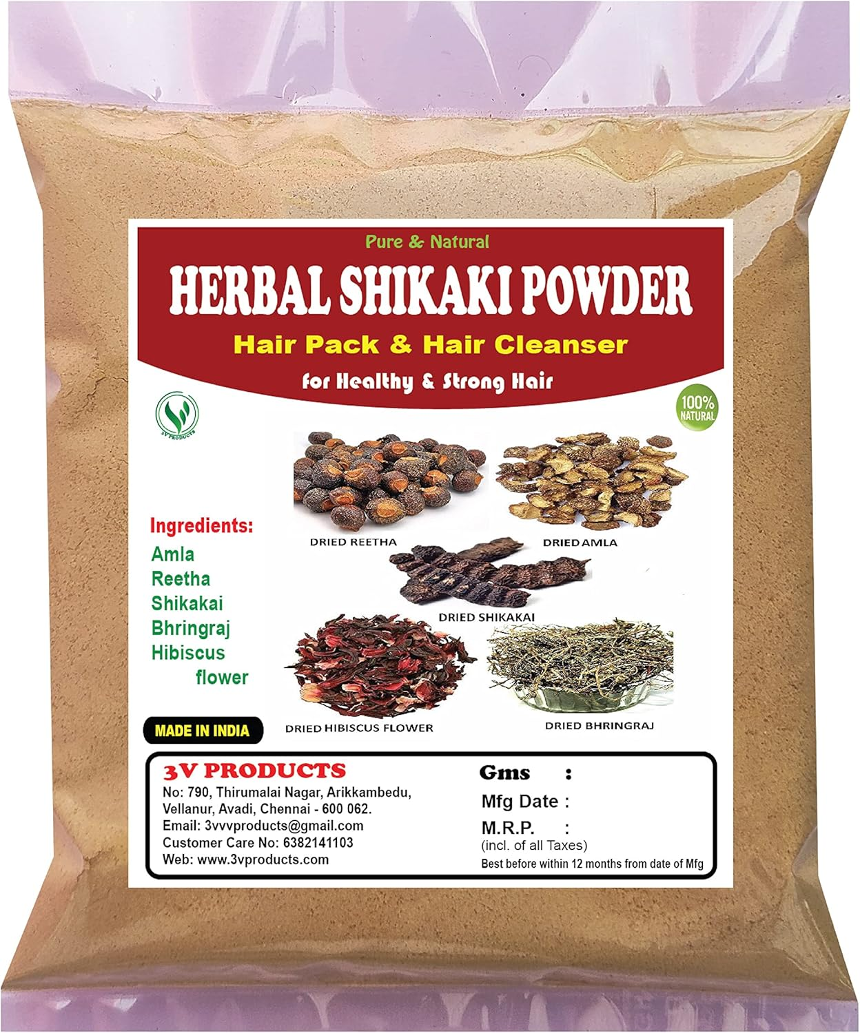 3V PRODUCTS Herbal Shikakai Powder 1Kg (Amla, Reetha, Shikakai, Bhringraj, Hibiscus Flower Mixing) for Hair Pack & Hair Cleanser for Healthy Strong Hair - Unisex
