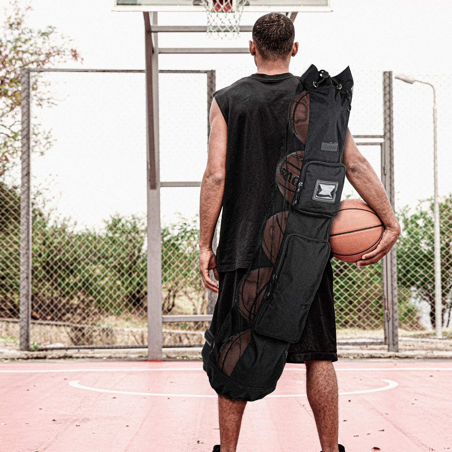 Fitdom Heavy Duty XL Basketball Mesh Equipment Ball Bag W/Shoulder Strap Design for Coach with 2 Front Pockets for Coaching & Sport Accessories. This Team Tube Carrier Can Store up to 5 Basketballs image number 3