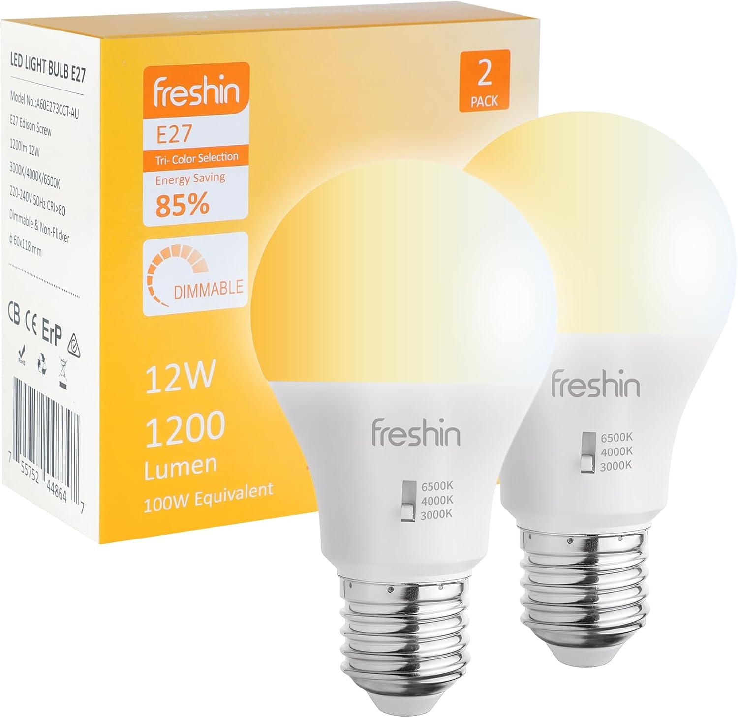 Tri-Colour LED Bulb FRESHIN E27 12W Dimmable 1200Lm Edison Screw, No Flicker Light Bulb, 3000K/4000K/6500K,3CCT Quick Manual Switch, CRI>80+, Energy Saving, RCM Certified (2) image number 3